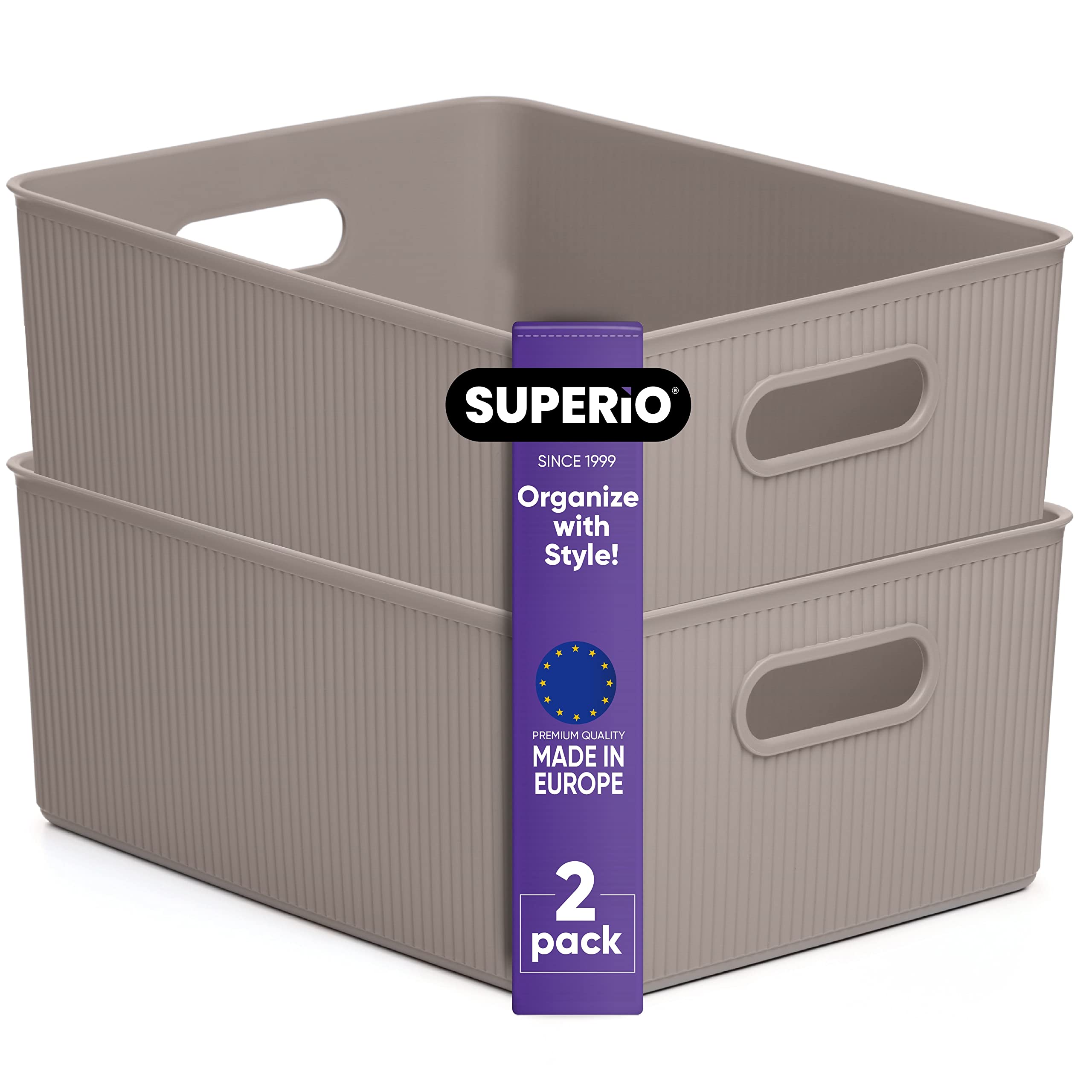 Superior Ribbed Plastic Storage Bins - 2 Pack Large Taupe Organizer Baskets (15L/16Qt) for Home, Closet, Shelves & Drawer Organization | Decorative Open Storage Boxes for Bedroom, Bathroom & Office