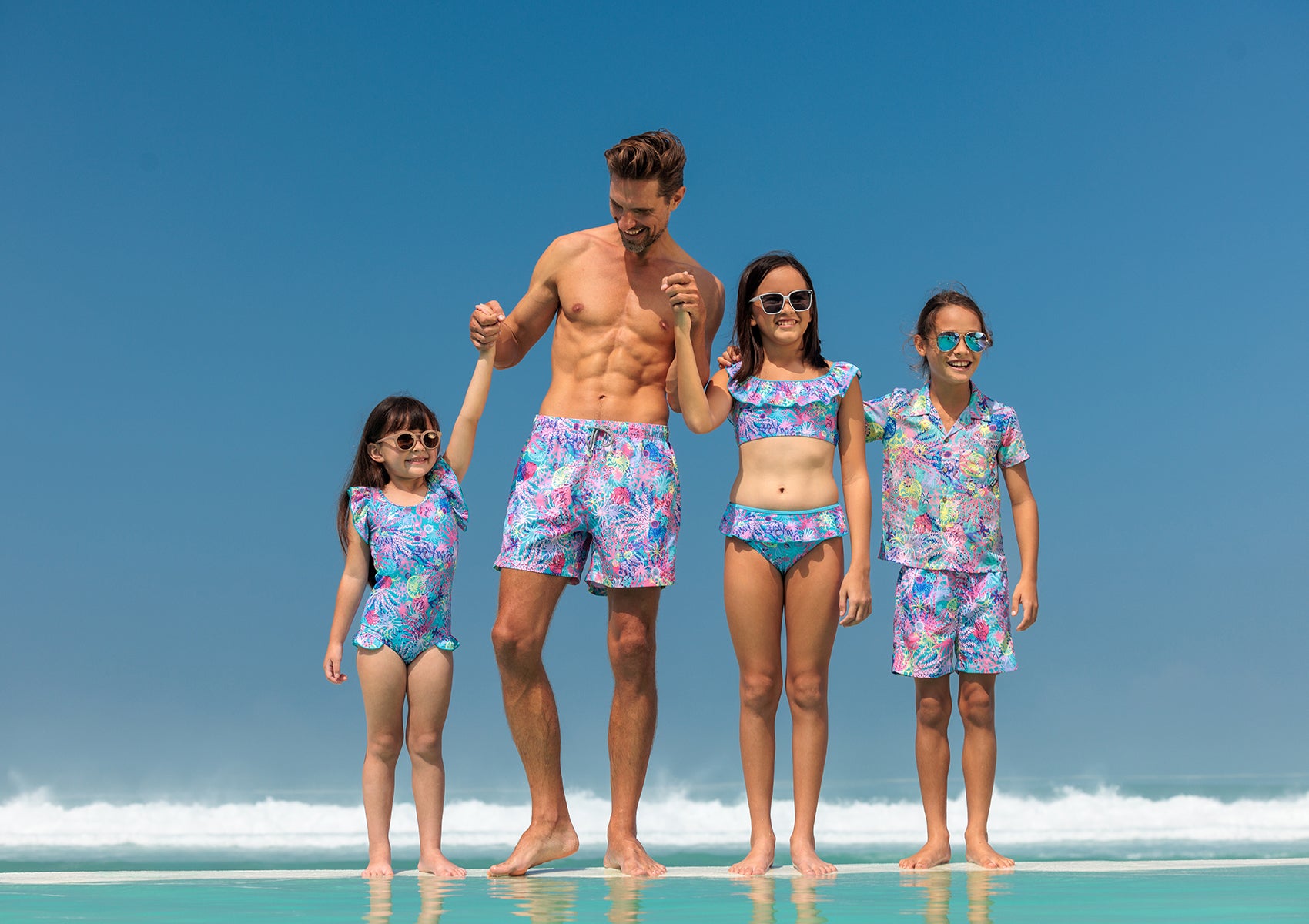 Coral Little Girls Rash Guard & Matching Mother Daughter Swimwear Set - UV Protection for Beach, Pool, and Family Water Activities