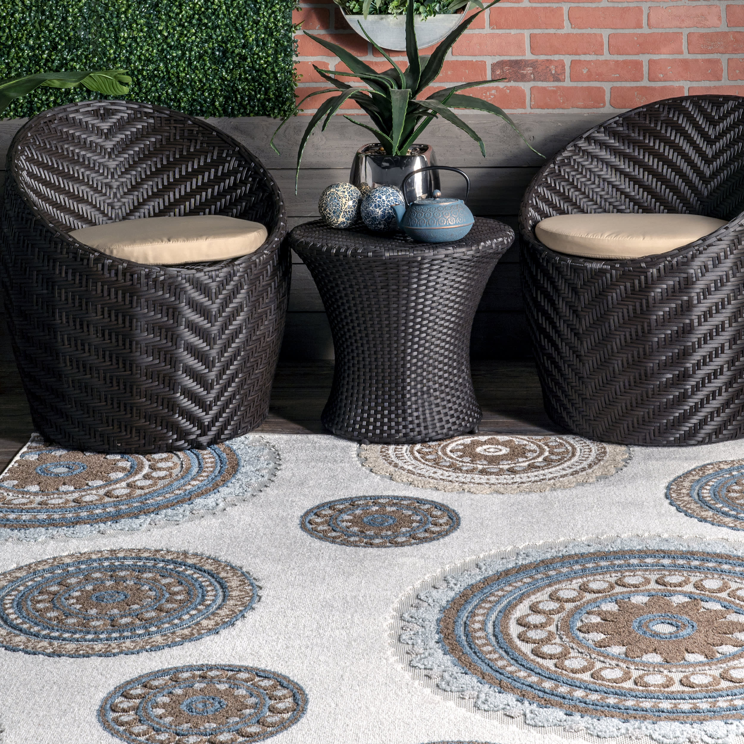 Handmade Carved Regal Suzani Indoor/Outdoor Area Rug - Beige Bohemian Design for Living Room, Bedroom, Patio & Garden Decor