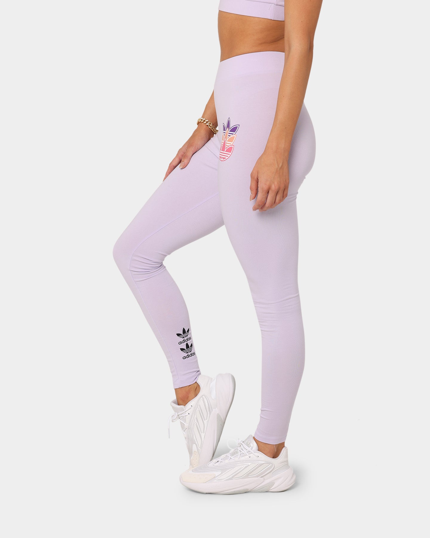 Adidas Women's Logo Play Leggings - Purple Printed Workout Leggings for Running, Yoga & Gym - High Waisted Athletic Tights for Women