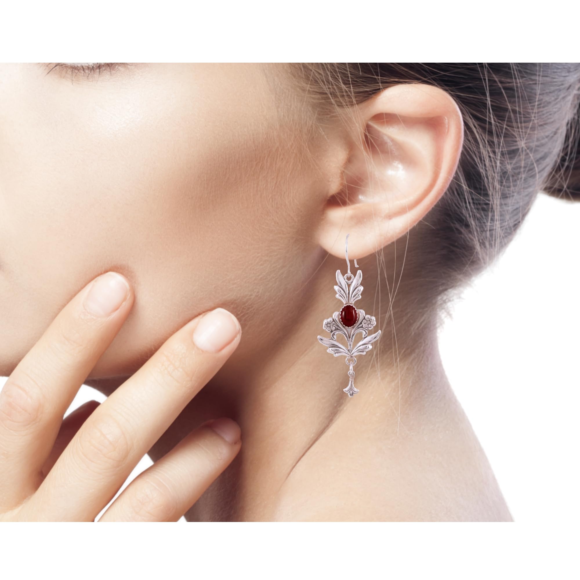 Handmade Sterling Silver Carnelian Dangle Earrings - Mexican Artisan Jewelry, Red Aurora Leaf Tree Design, Birthstone Gift for Women (2.1