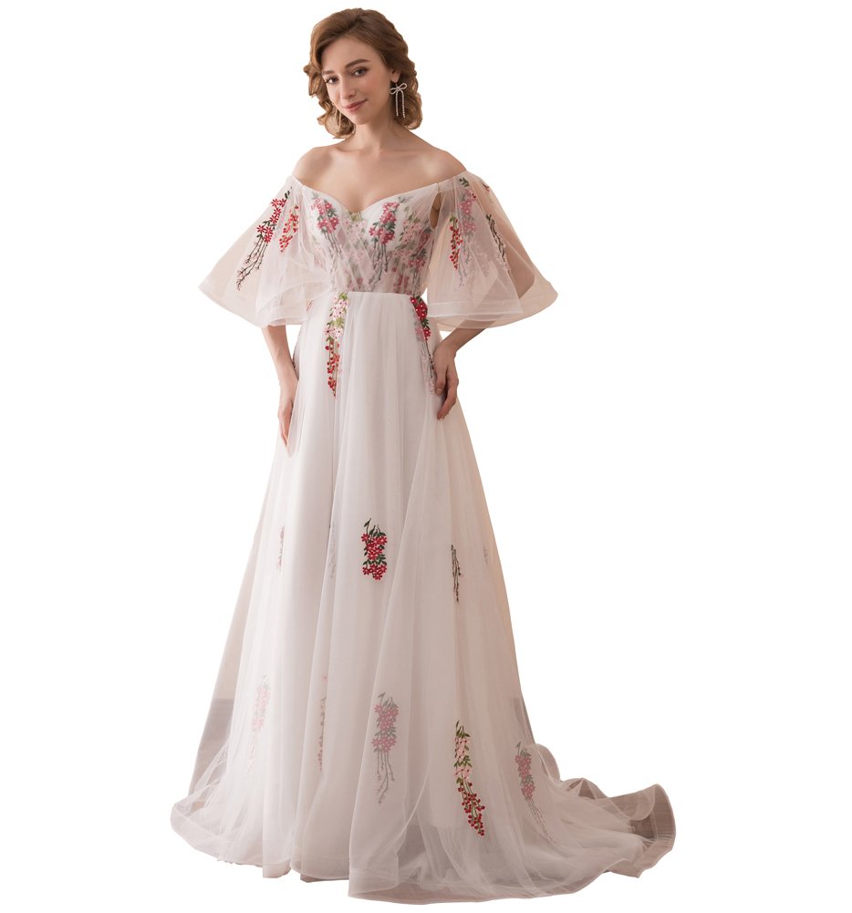 Elegant Off Shoulder Embroidered Wedding Dress for Women - US Size 20W White - Flouncing Sleeve Evening Gown for Bridal, Prom, Formal Events & Special Occasions - Perfect for Beach Weddings, Anniversary Dinners and Red Carpet Events