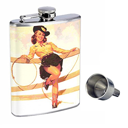 Vintage Cowgirl Style 8oz Stainless Steel Whiskey Flask with Free Funnel - Perfect for Western Parties, Camping & Outdoor Adventures - D-006