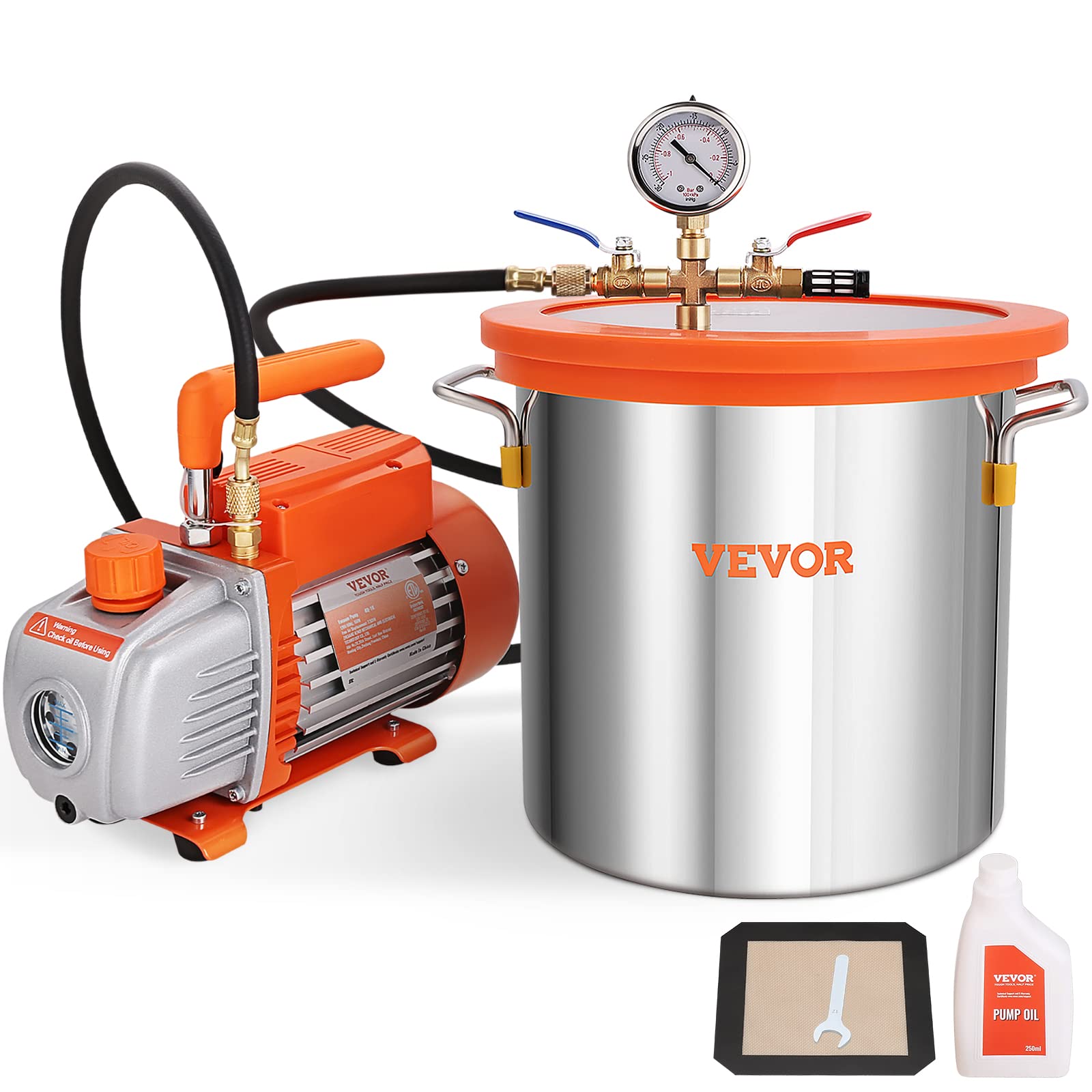 VEVOR 3 Gallon Vacuum Chamber with 3.5 CFM Pump Kit - Tempered Glass Lid Degassing System for Stabilizing Wood, Silicones & Epoxies - Includes Single Stage Vacuum Pump & 250ml Oil Bottle - Perfect for Resin Casting, Woodworking & DIY Projects