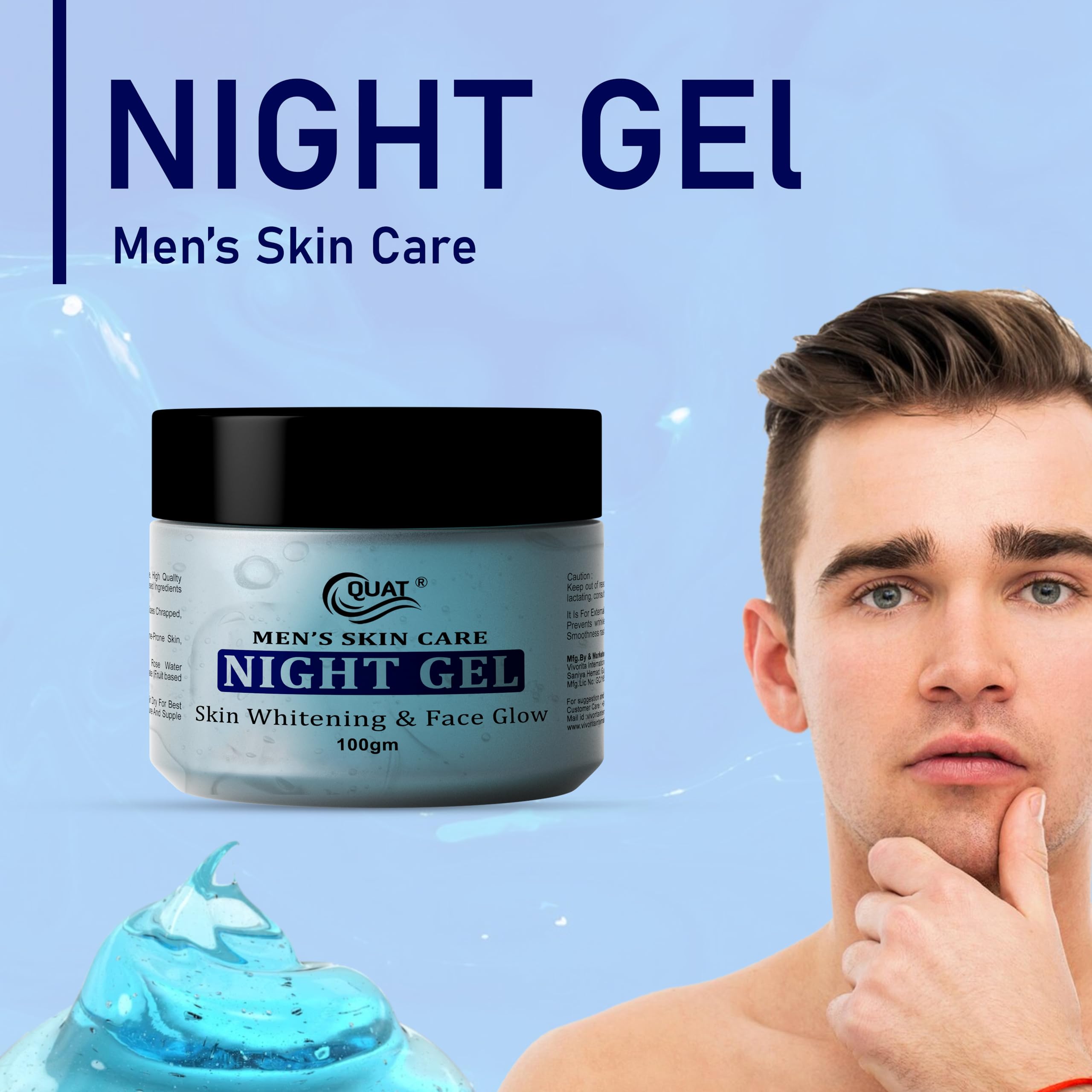 Quat Men Night Gel - 100ml Hydrating & Brightening Face Moisturizer for Men with Natural Ingredients | Perfect for Overnight Skin Repair & Glowing Complexion