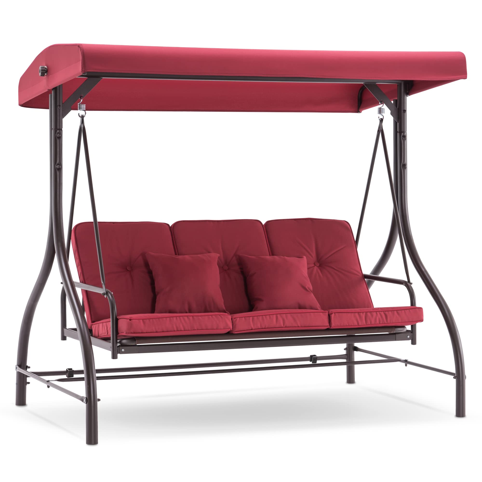 MCombo 3-Seat Outdoor Patio Swing Chair with Adjustable Backrest & Canopy - Porch Swing Glider with Cushions & Pillows - 4068 (Burgundy) - Perfect for Garden, Backyard, Deck or Balcony Relaxation