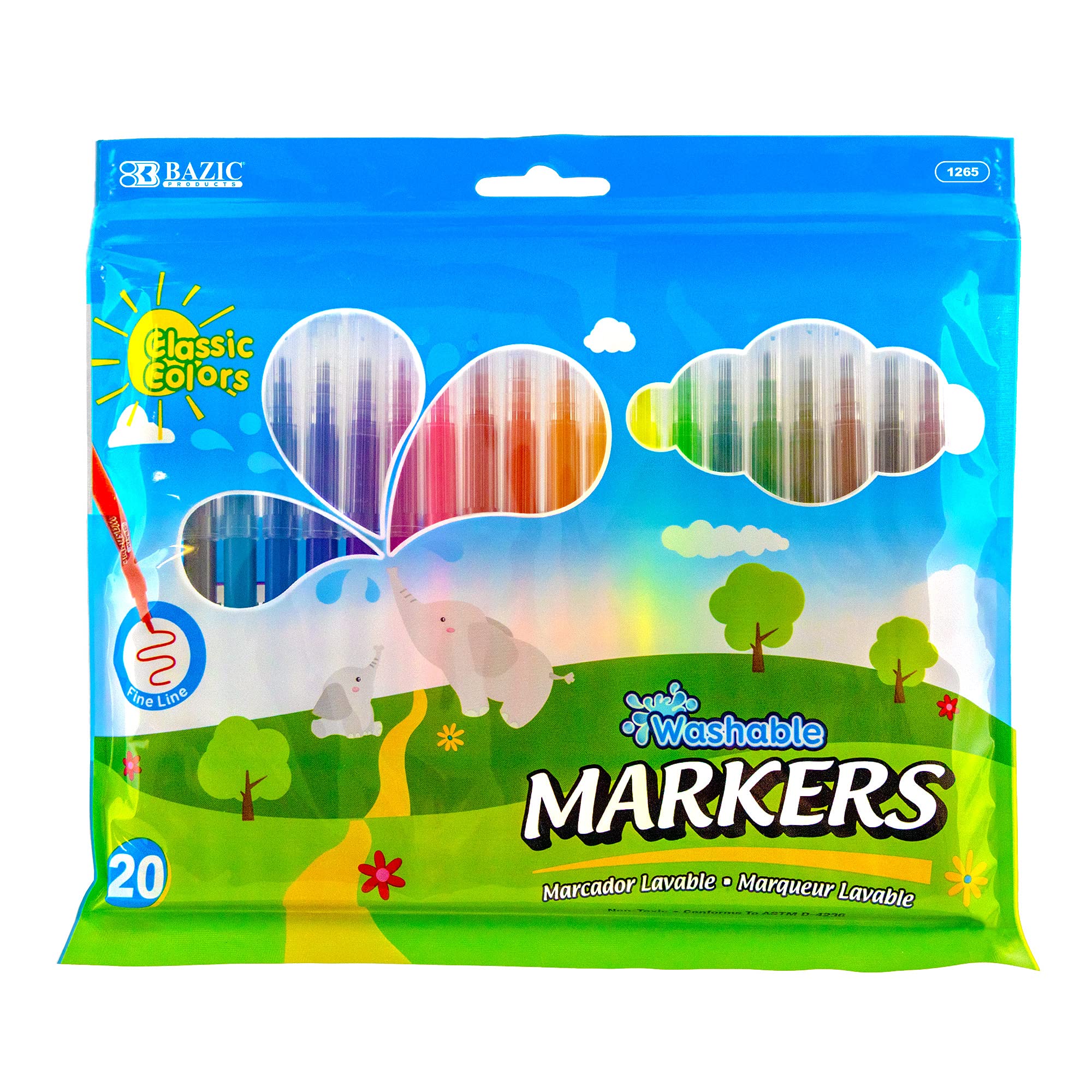 BAZIC Fine Line 20 Colors Washable Markers Set - Non-Toxic Thin Tip Coloring Markers for Kids & Adults - 72-Pack (20/Pack) - Perfect for Art Projects, Drawing, Sketching & School Supplies