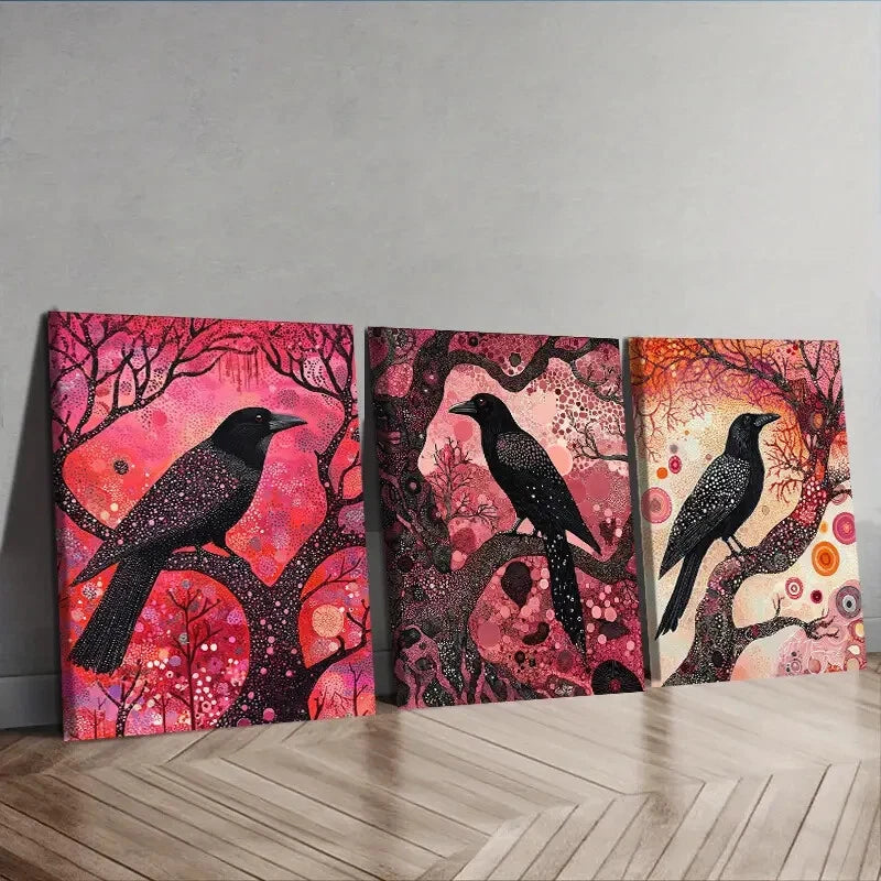 3-Piece Psychic Crow Wall Art Set - Framed Canvas 40x60cm (16x24in) | High Quality Print | Australian Made | Ready to Hang | Gothic Home Decor for Living Room, Bedroom & Office