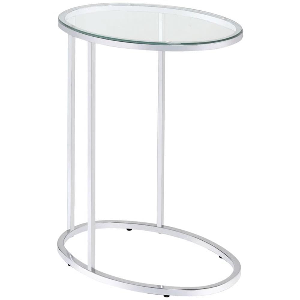 BOWERY HILL Oval End Table with Glass Top & Chrome Metal Base - C-Shape Design Fits Under Sofa - Modern Accent Table for Living Room, Bedroom & Office Use