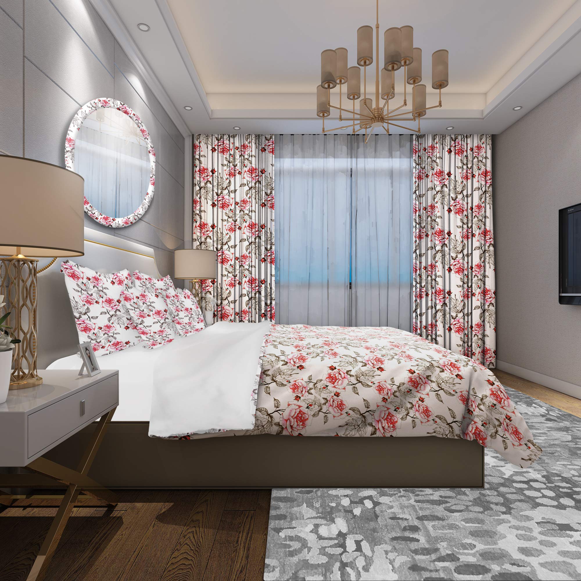 DesignQ Red Roses Nautical Coastal Duvet Cover Set - Twin Size White Floral Bedding 3-Piece All Season Comforter Set | Perfect for Beach House Decor & Coastal Themed Bedrooms