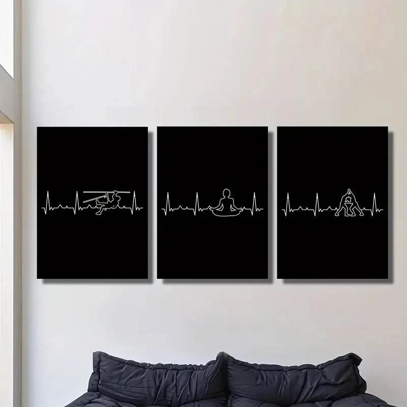 3-Piece Metal Wall Art Prints - Climbing, Wrestling & Yoga Poses with EKG Design - Ready to Hang Home & Gym Decor for Fitness Enthusiasts & Sports Lovers