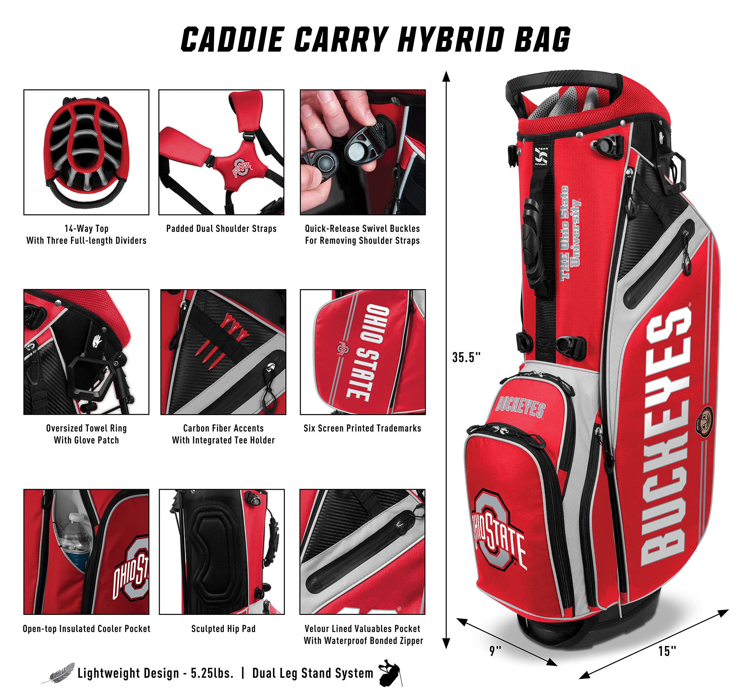 Team Effort NCAA Caddie Carry Hybrid Golf Bag - Lightweight Stand Bag for College Golfers - Perfect for Practice, Tournaments & Walking the Course