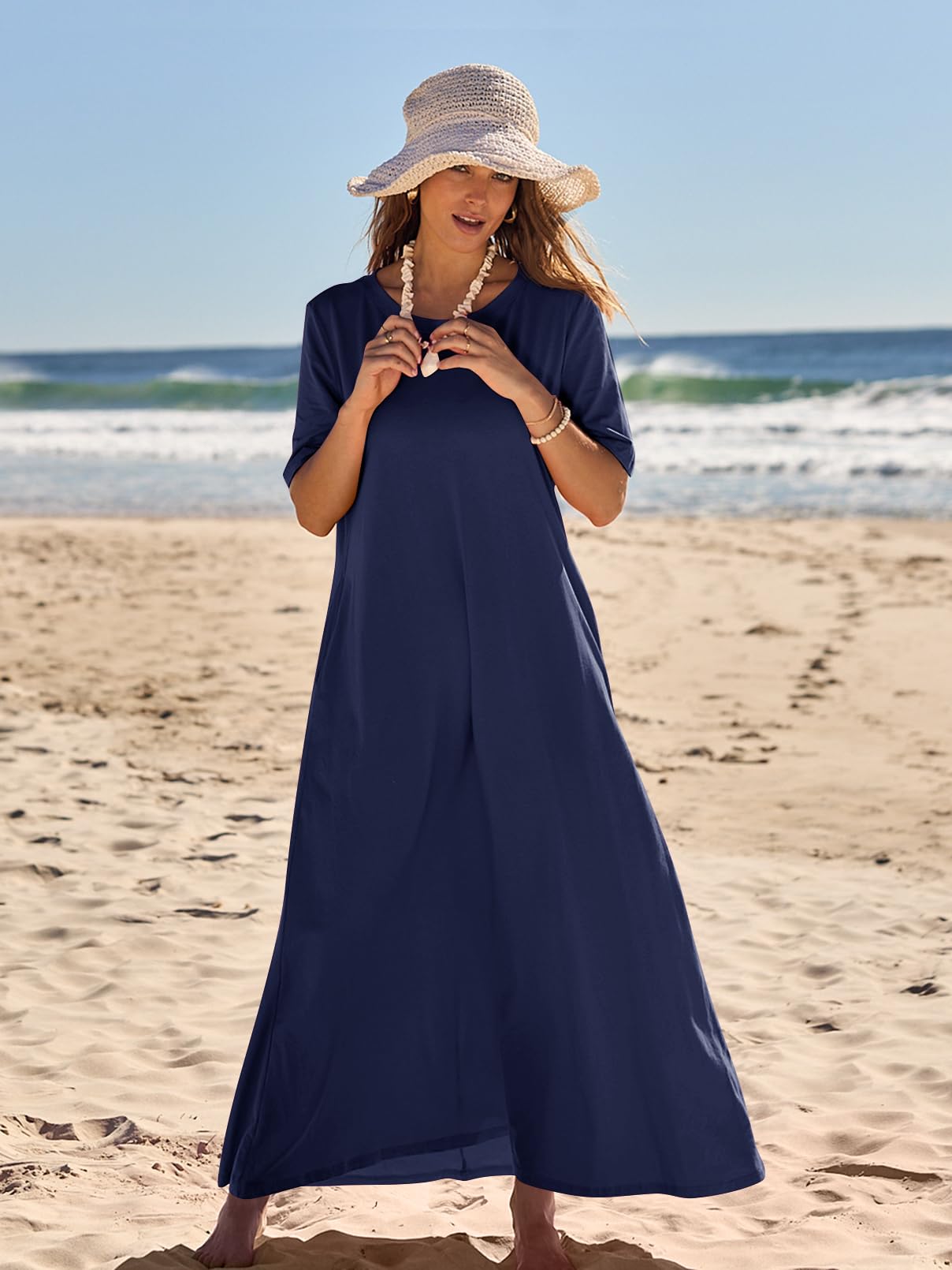 MEROKEETY Women's Casual Maxi Dress - Short Sleeve Crewneck Long T-Shirt Dress for Spring Summer 2025 | Beach Vacation, Outdoor Picnic, Weekend Outfits & Daily Wear