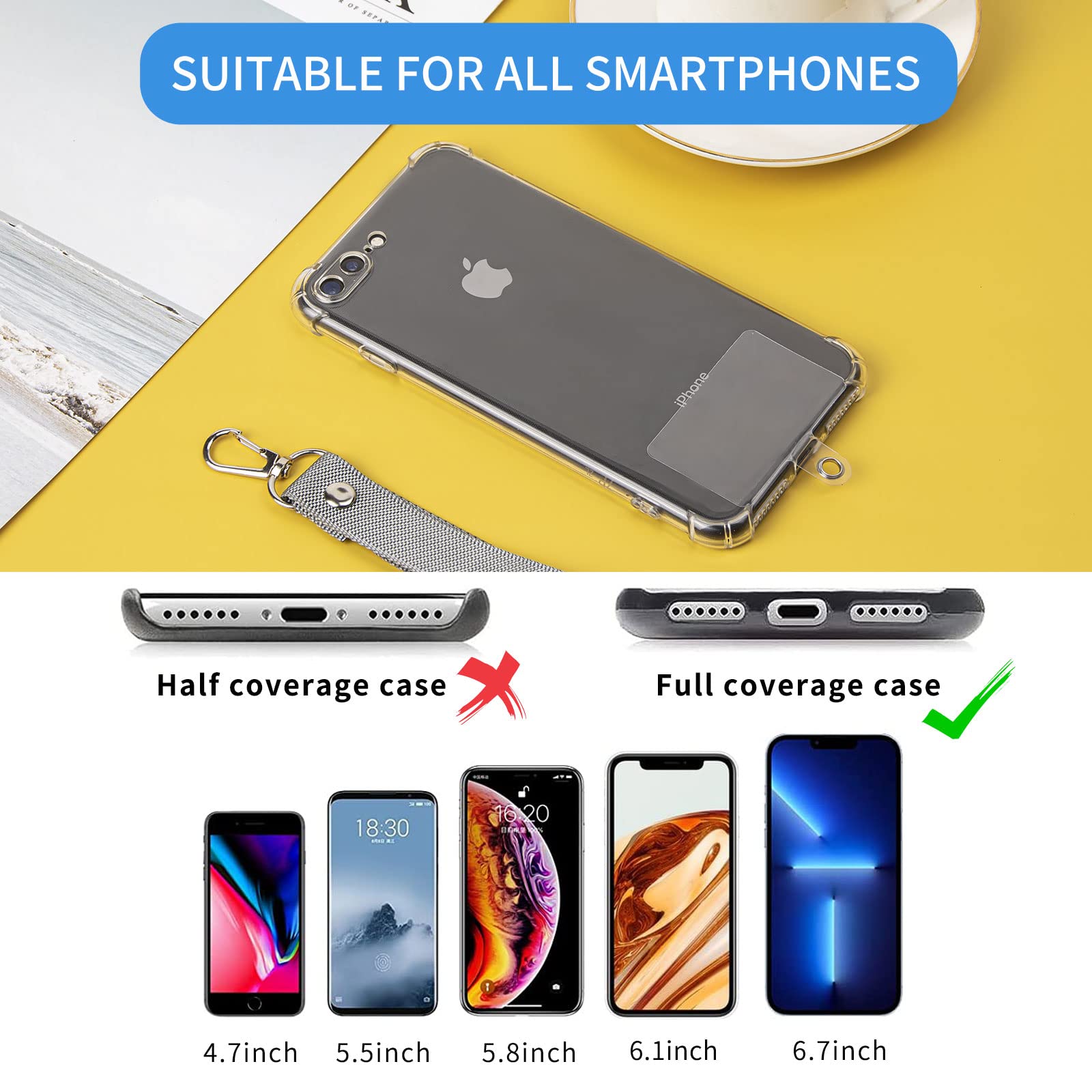 3 Pack Universal Phone Lanyard with Wrist Strap - Crossbody Neck Strap for iPhone, Samsung & Most Smartphones - Includes 5 Phone Patches (Black, Dark Gray, White) - Perfect for Travel, Shopping & Outdoor Activities