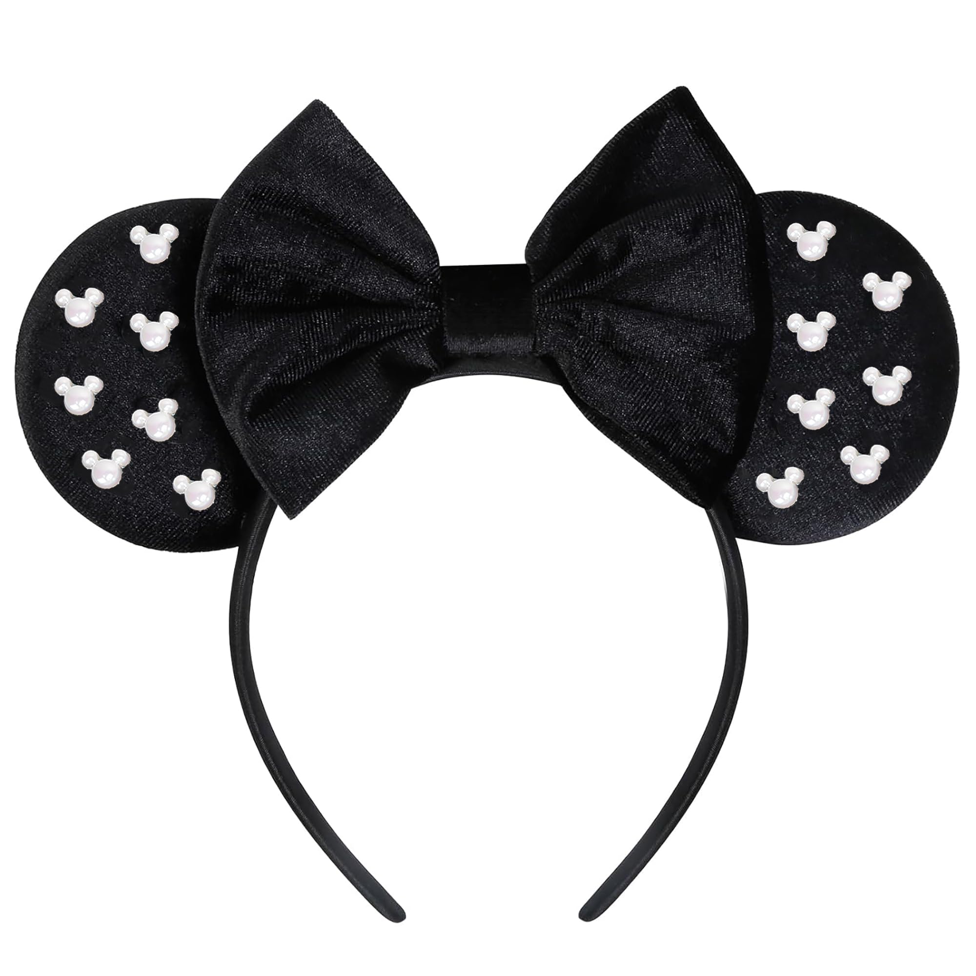 Black Kangaroo Mouse Ears Headband with Pearl Bows - Cute Disney Inspired Hair Accessories for Women & Toddler Girls - Perfect for Birthday Parties, Theme Parks, Costumes & Disney Trips