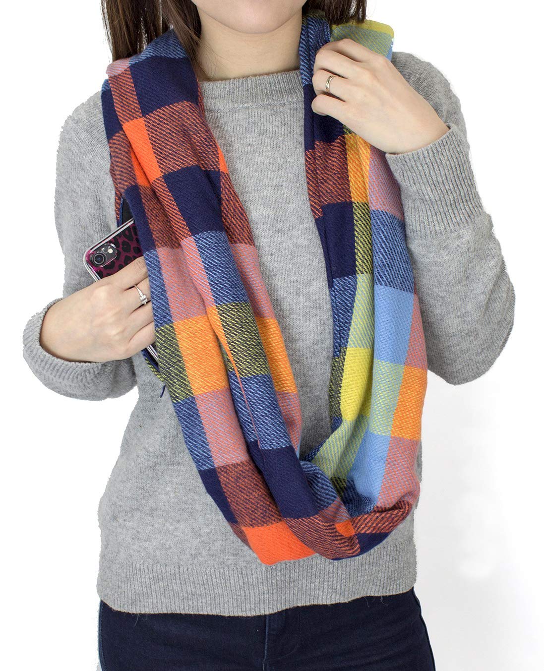 Stylish Winter Plaid Infinity Scarf with Hidden Zipper Pocket - Warm Fashion Travel Scarf for Women & Men | Perfect for Cold Weather, Outdoor Activities & Holiday Gifts