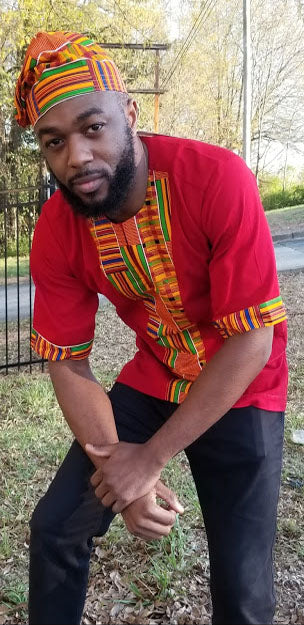 Authentic Red African Dashiki Shirt with Kente Trim - DP3298D3 | African Print Cotton Tunic for Men | Perfect for Cultural Events, Festivals & Afrocentric Fashion
