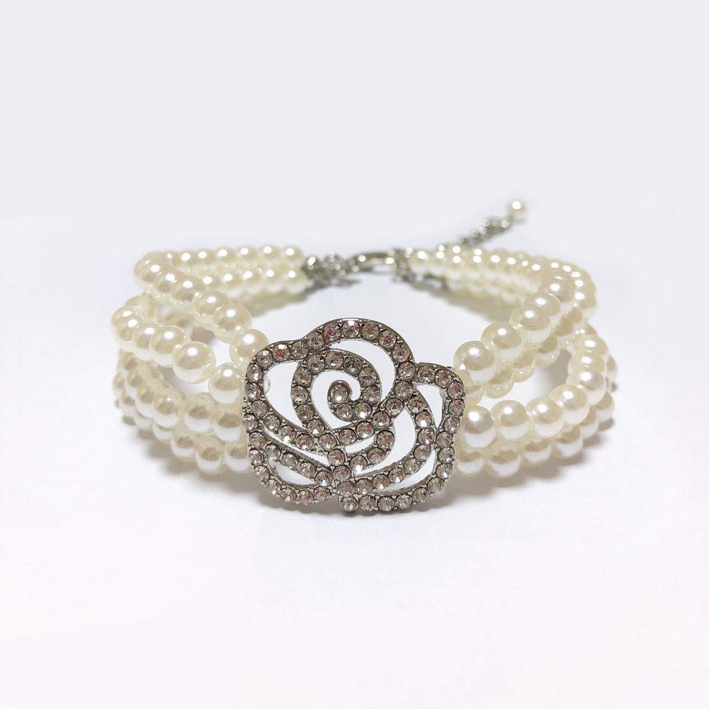 Luxury Dog Pearls Necklace & Wedding Collar for Small Dogs - Rhinestone Rose Flower Charm Bling Jewelry for Female Chihuahua, Yorkie & Puppies (White Rose, 12-14 Inch) - Perfect for Weddings, Parties & Special Occasions