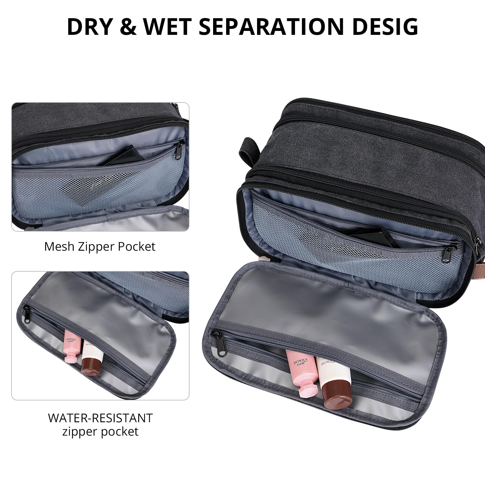 WITZMAN Large Canvas Toiletry Bag for Men - Waterproof Hanging Dopp Kit with Leather Trim, Spacious Travel Bathroom Organizer (A8002 Black) - Perfect for Gym, Camping & Business Trips