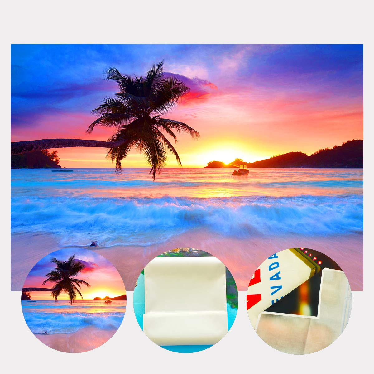 Beach Backdrop with Seaside Palm Tree & Sunset - Photography Background for Vacation Photos, Party Decor, Social Media & Home Wall Art