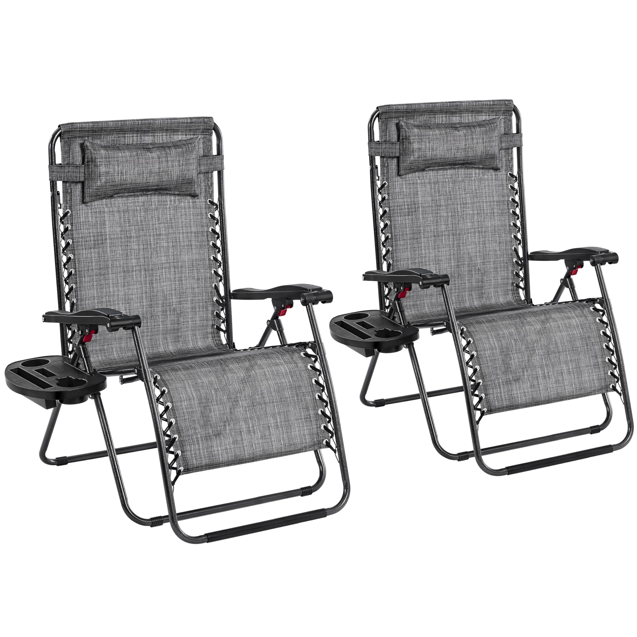 Yaheetech 29 Inch Zero Gravity Chair with Pillow, Cup Holder & Carry Strap - Adjustable Foldable Recliner for Outdoor, Patio, Lawn, Poolside & Beach - Gray (Set of 2) - Perfect for Relaxing, Sunbathing and Backyard Lounging