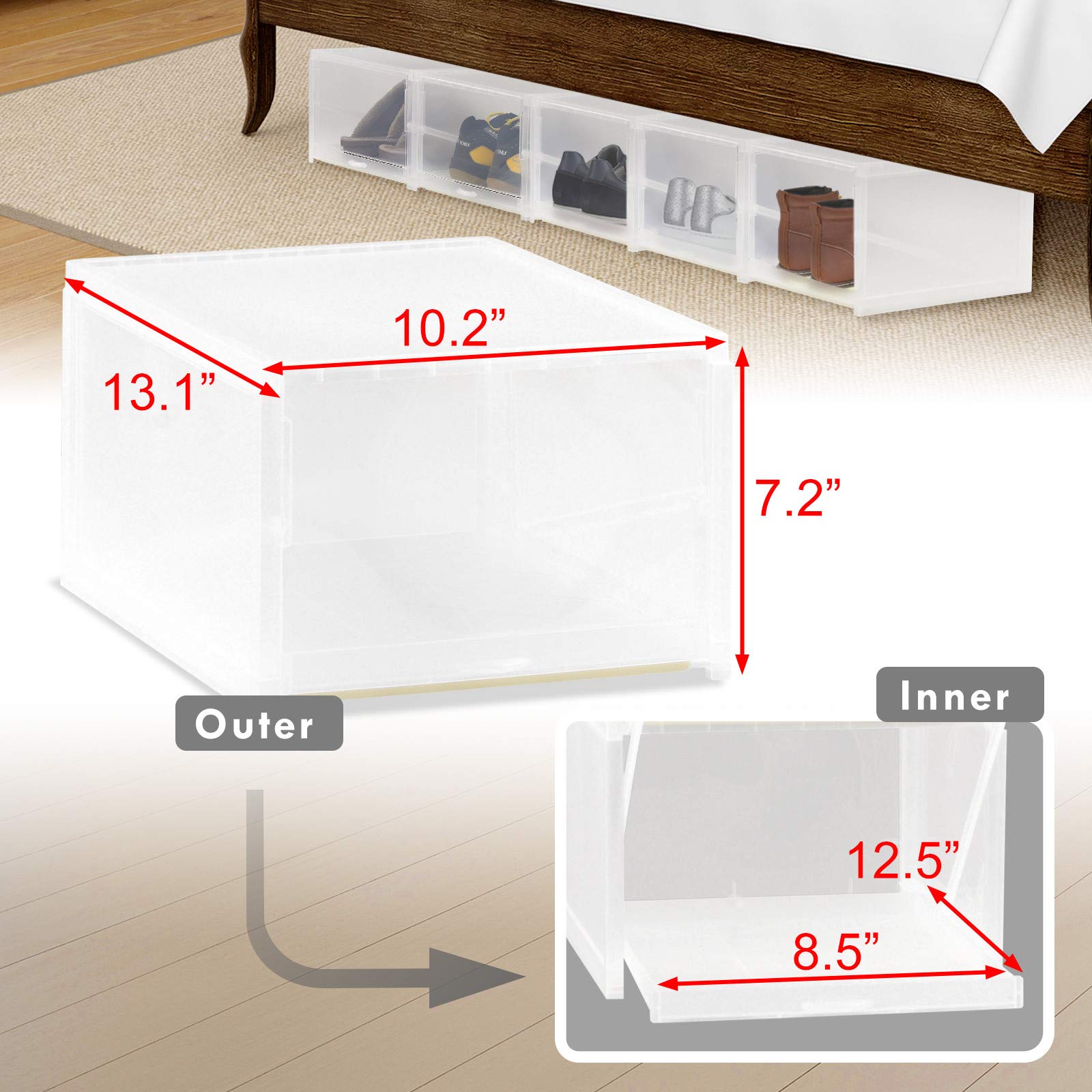 6-Pack Stackable Clear Plastic Shoe Storage Boxes with Push-Pull Drawers & 120° Lids - Transparent Shoe Organizer for Closet, Entryway, Sneaker Cabinet - Perfect for Home, Dorm, Office & Travel Shoe Organization