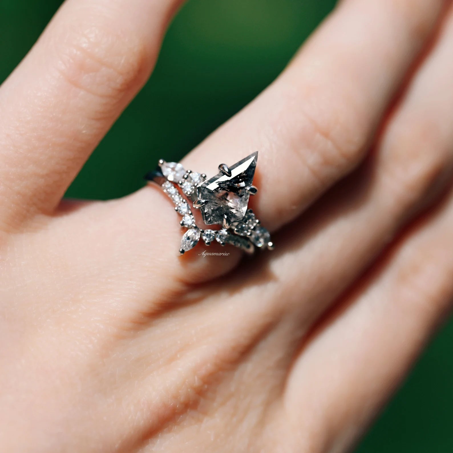 Skye Kite™ 14K White Gold Salt & Pepper Diamond Engagement Ring Set - Herkimer Diamond Wedding Band for Women, Perfect for Proposals & Anniversary Gifts