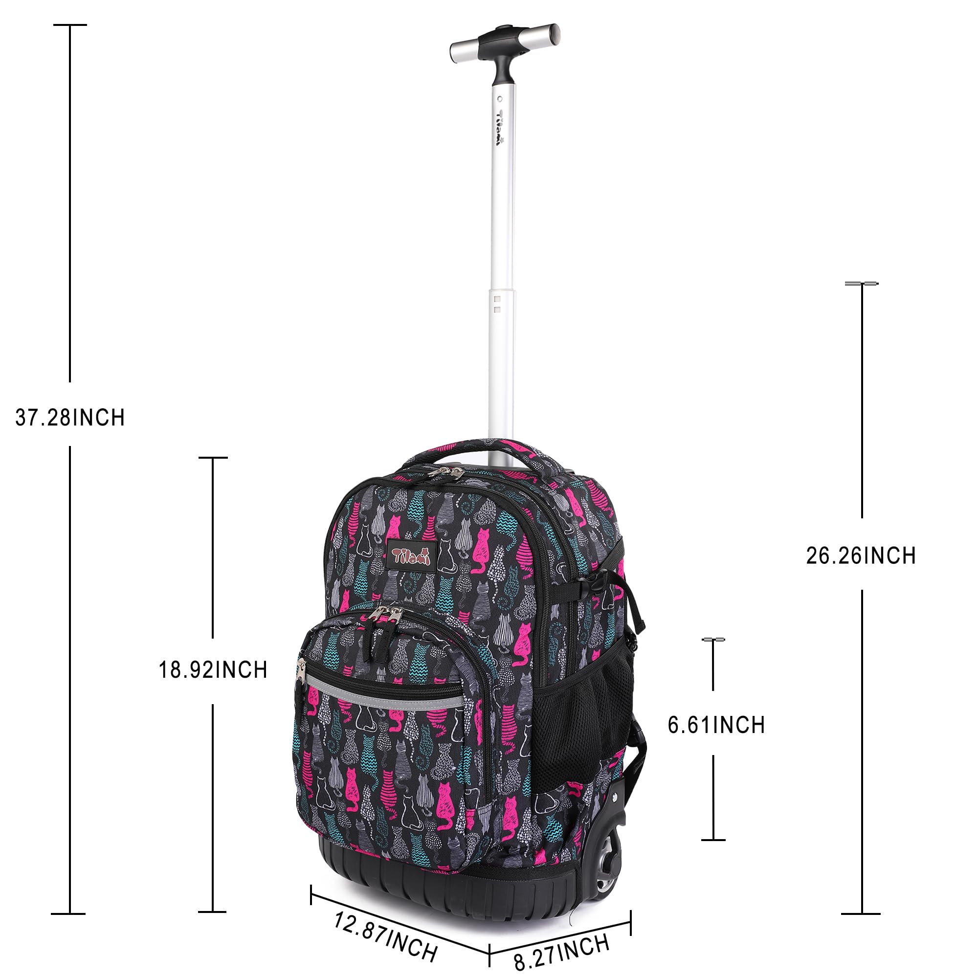 Tilami 19 Inch Rolling Backpack with Lunchbox - Wheeled Laptop Backpack for School & Travel - Durable Cat Black Design for Students & Professionals