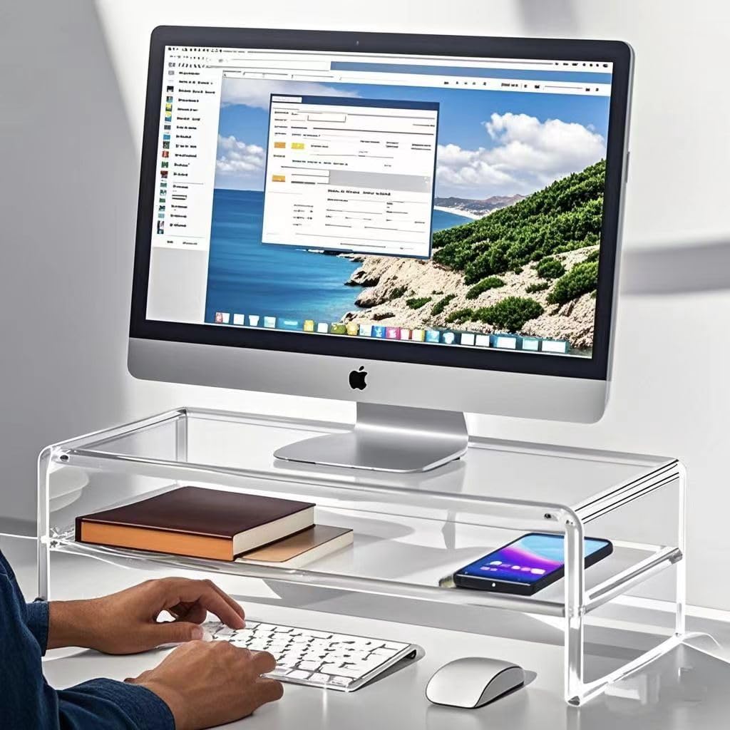 Wymexen 2-Tier Acrylic Monitor Stand Riser - 16 Inch Clear Computer Monitor Stand for iMac, PC, Desktop, Laptop & TV with Storage Space - Perfect for Home Office & Workspace Organization