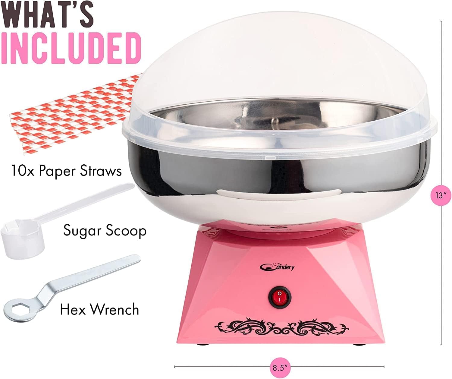 The Candery Cotton Candy Machine 2.0 with Stainless Steel Bowl & Floss Sugar Bundle - Perfect for Birthday Parties, Carnivals, Fairs, Festivals - Includes 5 Floss Sugar Flavors (12oz Jars) & 50 Paper Cones - Make Delicious Cotton Candy at Home or Events