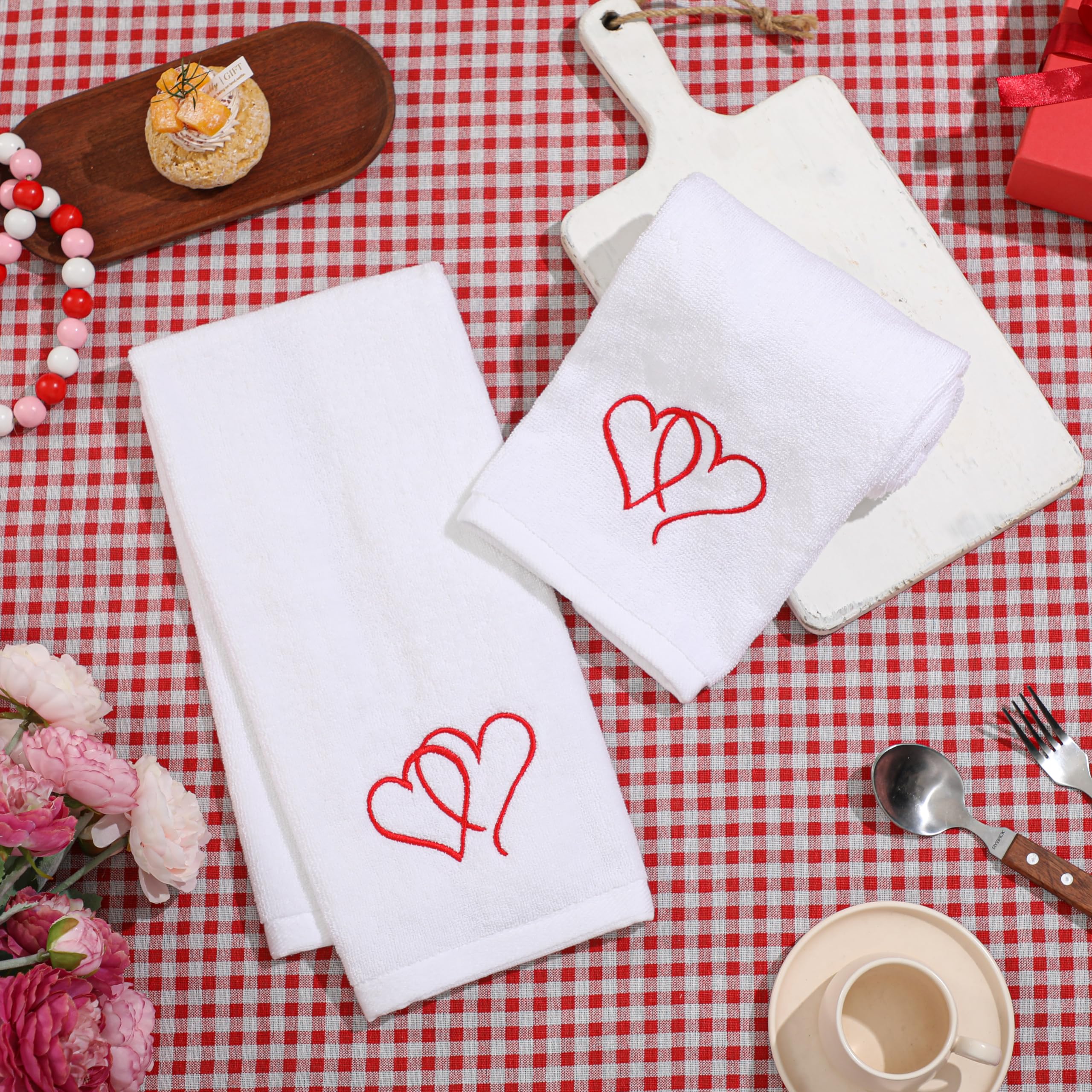 Valentine's Day Cotton Hand Towels - Embroidered Red Heart Set of 2 for Bathroom & Kitchen Decor