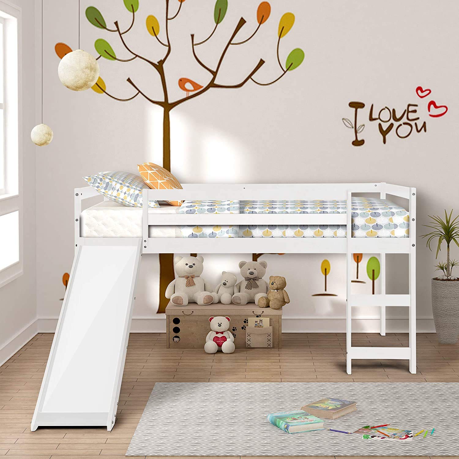 Kids Wood Loft Bed with Slide & Ladder - Twin Size Low Profile Mini Loft Bed for Children, No Box Spring Needed (White) - Perfect for Small Bedrooms, Playrooms & Space-Saving Kids' Furniture