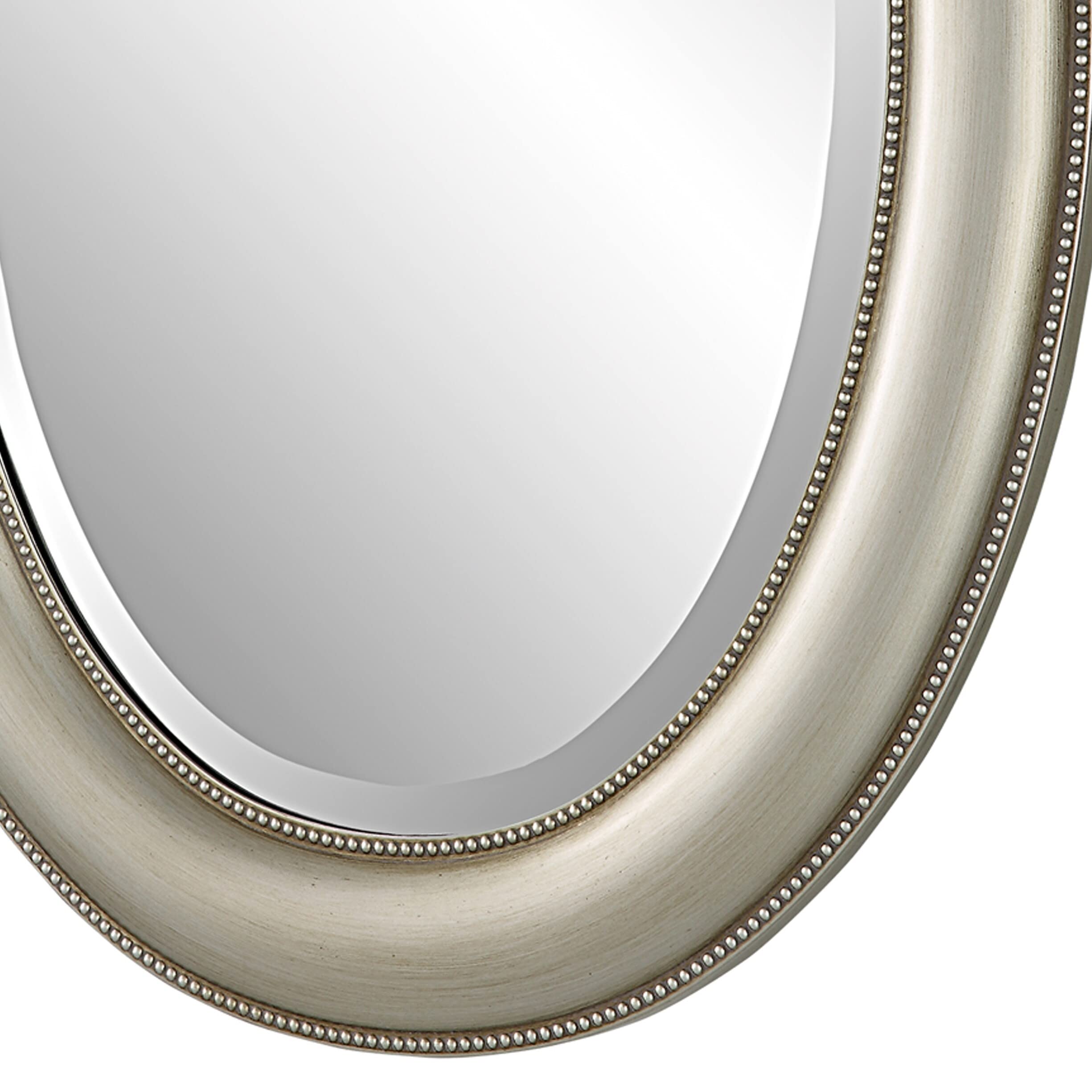 29 Inch Wood Wall Mirror Beaded Oval Frame - Metallic Silver Modern Contemporary Decor for Living Room, Bedroom & Entryway