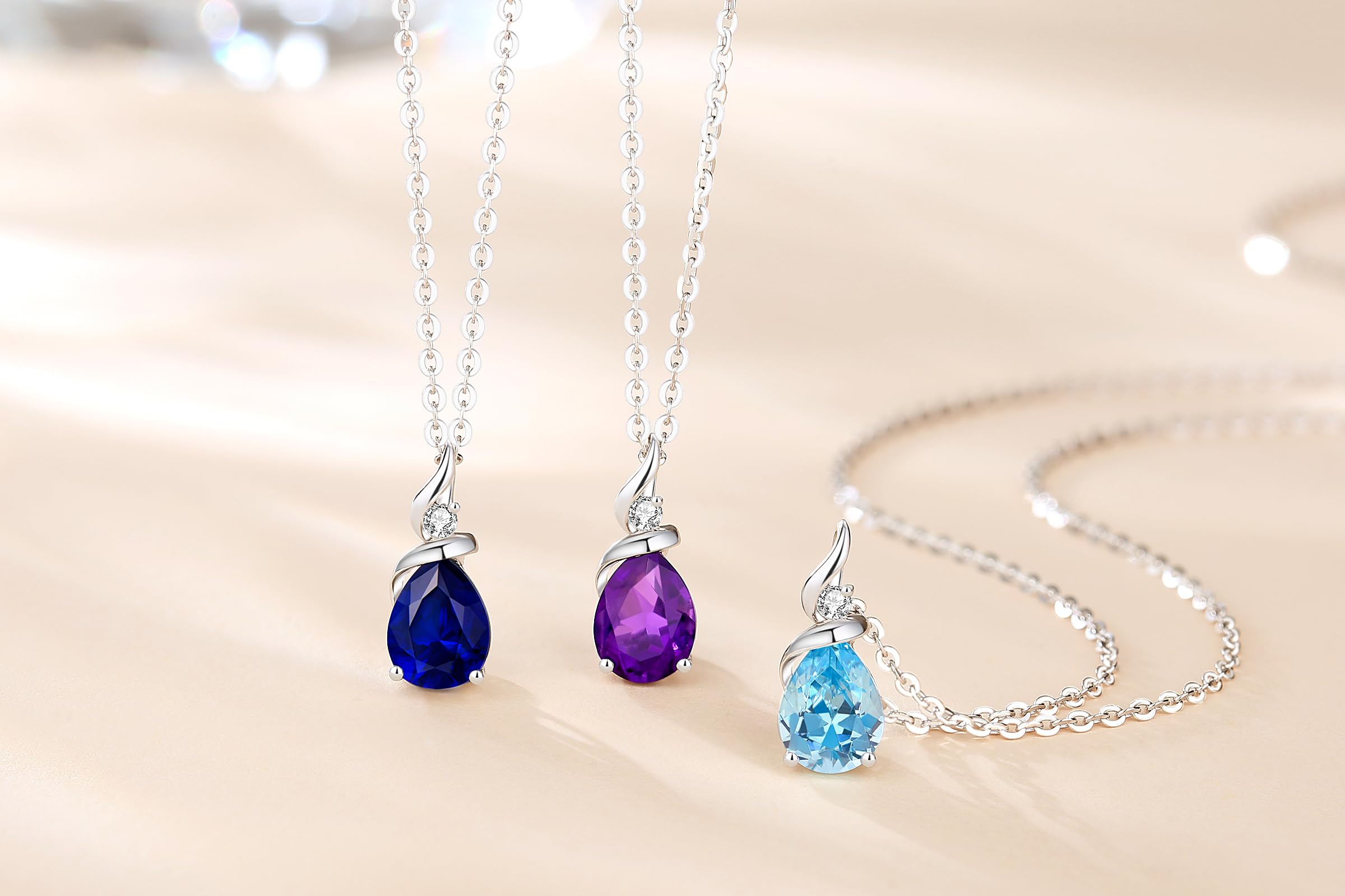14K Solid White Gold Birthstone Pendant Necklace for Women - Pear Shaped Teardrop Necklace with Diamond Accents | Elegant Birthday Gift for Mom, Wife, or Loved Ones | Sterling Silver Chain 16