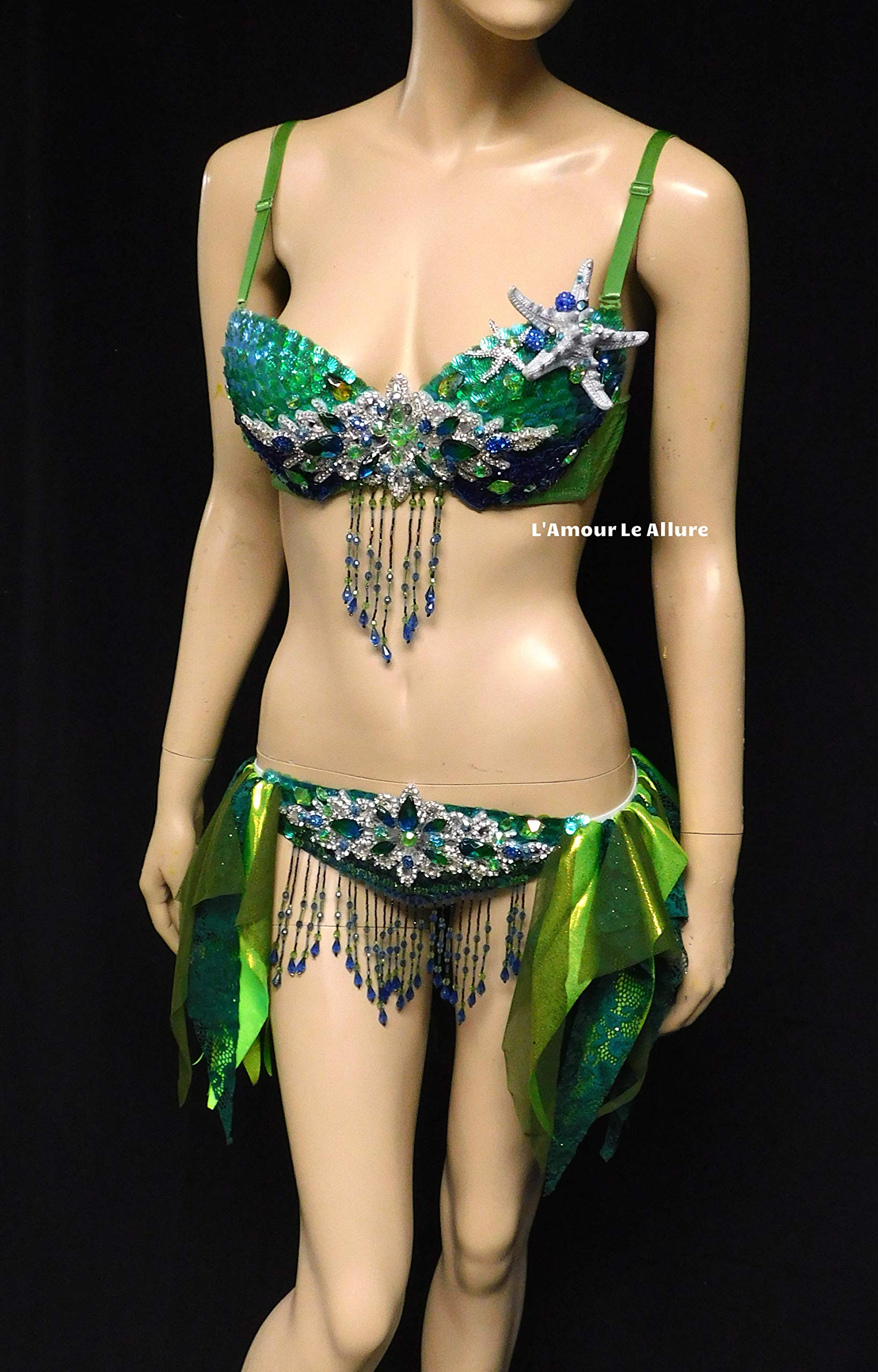 Sparkling Mermaid Bra & Skirt Set - Green, Blue & Silver Sequin Scales for Costume Parties, Halloween & Cosplay