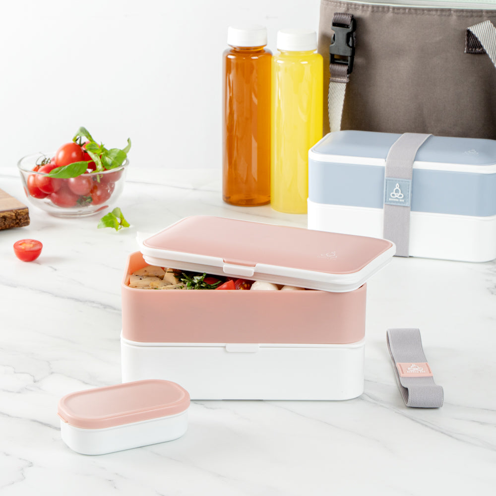 Bento Tek 41 oz Pink and White Buddha Lunch Box with Utensils & Sauce Cup | All-in-One Meal Prep Container | 7.25