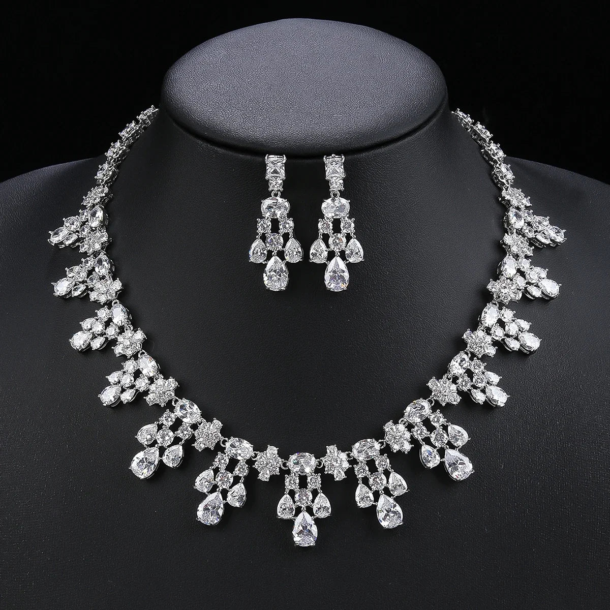 Luxury 2-Piece Cubic Zirconia Necklace & Earrings Set for Women - White, Red, Blue - Elegant Wedding, Party, and Evening Jewelry Set - Perfect for Bridal, Prom, and Formal Occasions