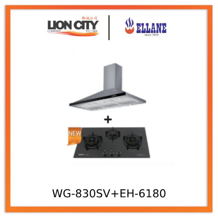 Ellane EH 6180 90cm Stainless Steel Range Hood with Powerful Extraction + Ellane WG 830SV 87cm 3-Burner Tempered Glass Gas Cooktop with Safety Features - Perfect for Modern Kitchen Ventilation and Cooking