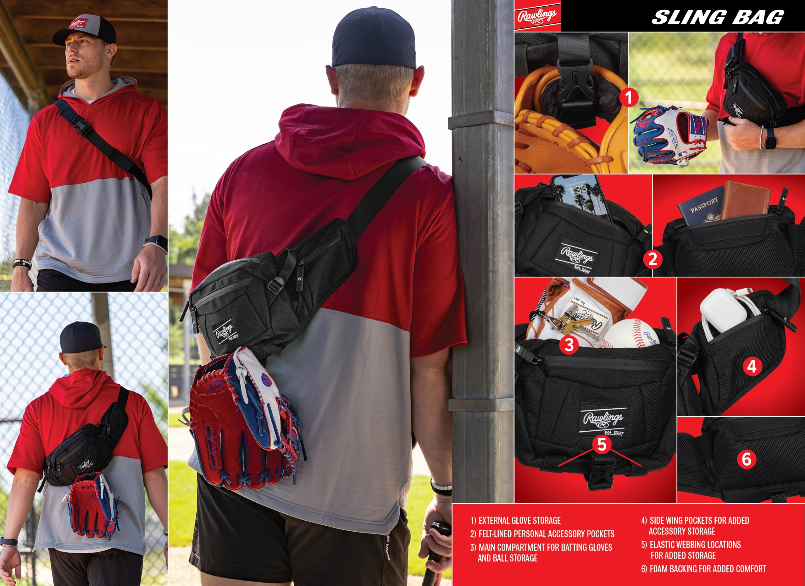 Rawlings Sling Crossbody Bag for Baseball & Softball - Adjustable Strap, Durable Nylon, Multiple Colors & Styles - Perfect for Games, Practice & Travel
