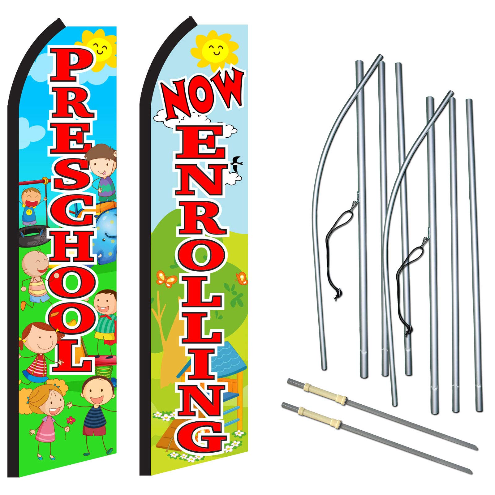 2 Pack NE Feather Flag Sets for Preschool Enrollment - Includes 2 Feather Flags, 2 Flagpoles & 2 Ground Spikes - Perfect for School Events, Yard Signs & Outdoor Advertising