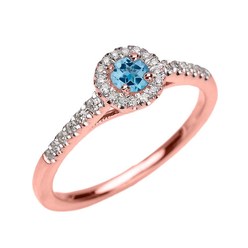 10K Rose Gold Blue Topaz & Diamond Engagement Ring for Women - Elegant Dainty Wedding Band, Promise Ring, Anniversary Gift for Her - Perfect for Proposals, Valentine's Day & Special Occasions