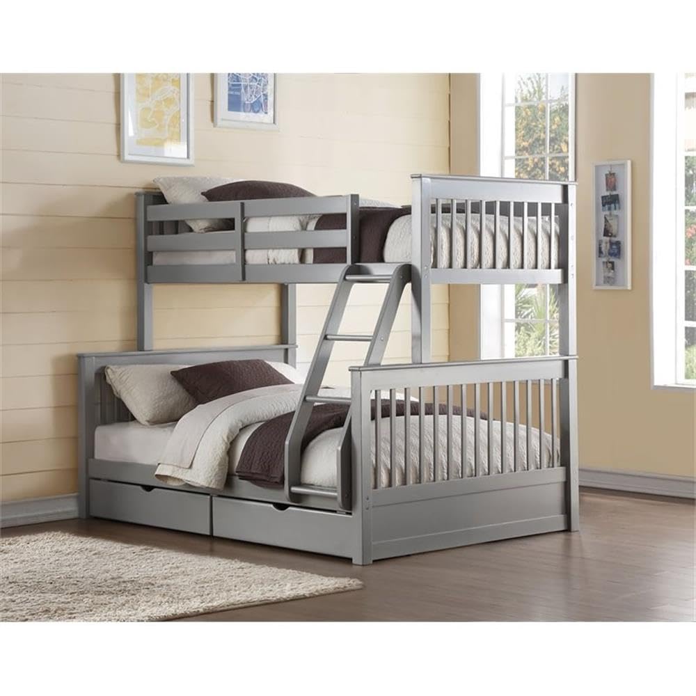 BOWERY HILL Modern Twin Over Full Convertible Bunk Bed with 2 Drawers in Gray - Space Saving Kids Bedroom Furniture for Small Rooms & Sleepovers