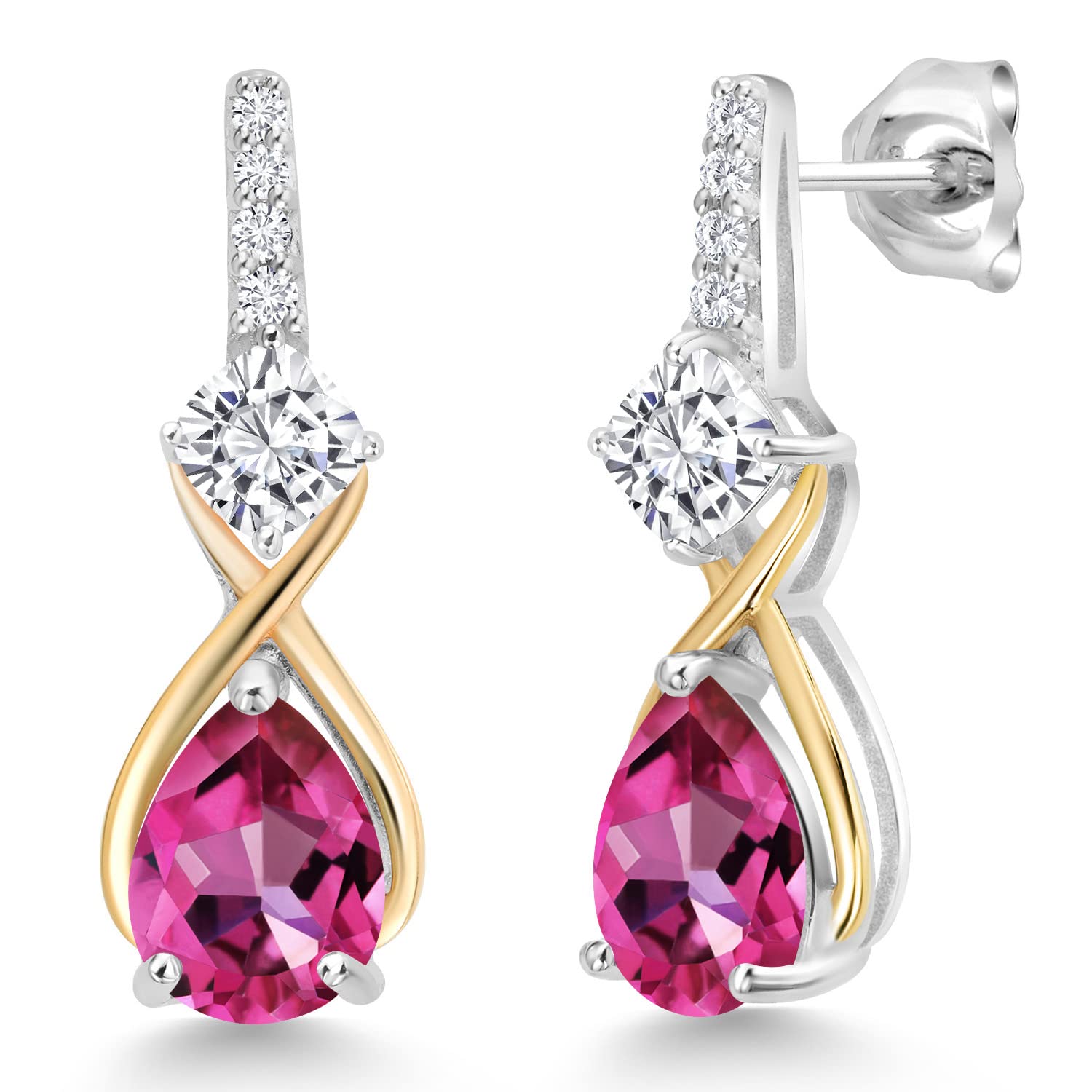 925 Sterling Silver & 10K Yellow Gold Lab-Grown Diamond Birthstone Dangle Earrings for Women | Pear & Cushion Cut Gemstones | Two-Tone Infinity Design | Perfect for Birthdays, Anniversaries & Special Occasions