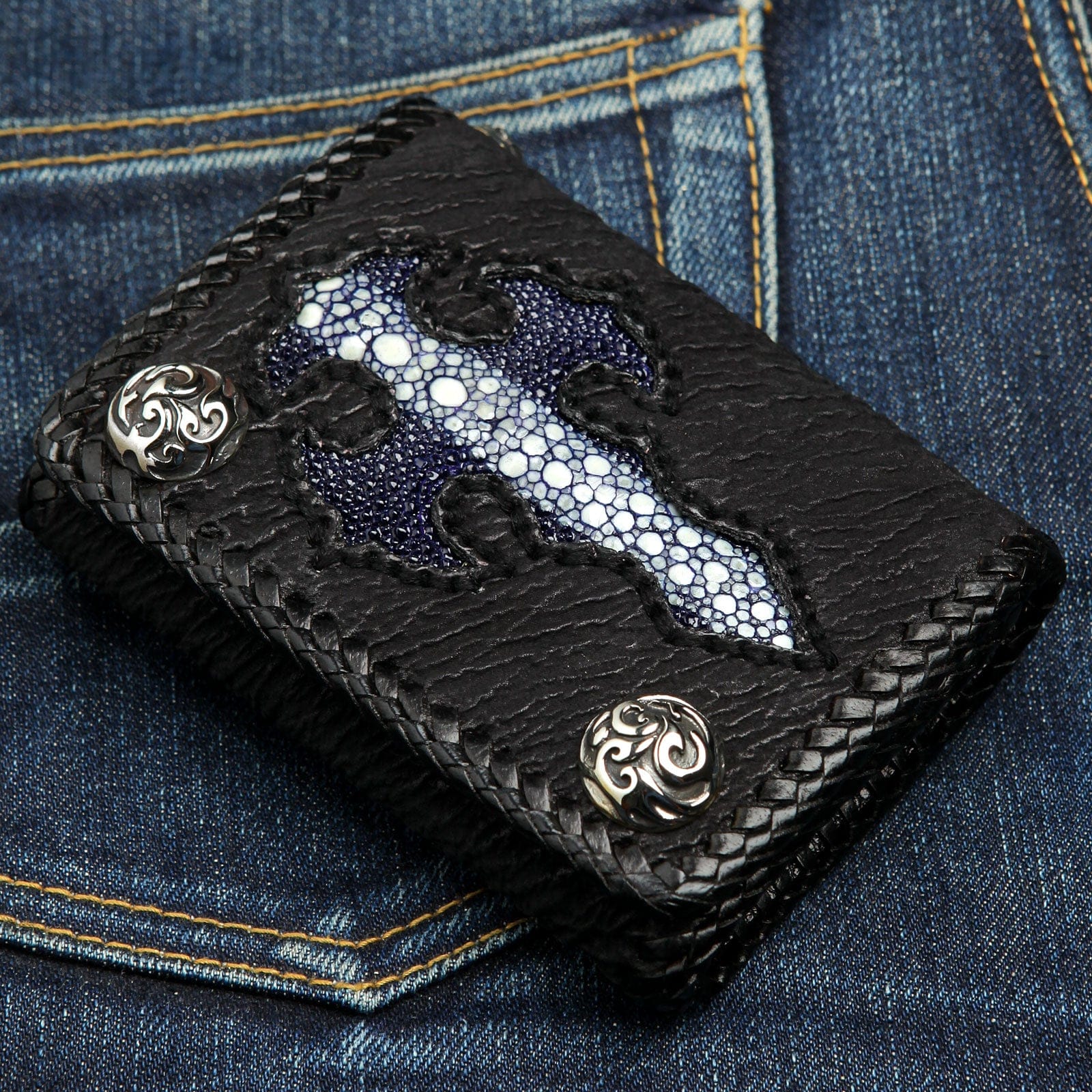 Blue Stingray Leather Gothic Cross Biker Wallet for Men - Punk Style Chain Wallet with ID Window & Card Slots - Perfect for Motorcycle Riders & Gothic Fashion Enthusiasts