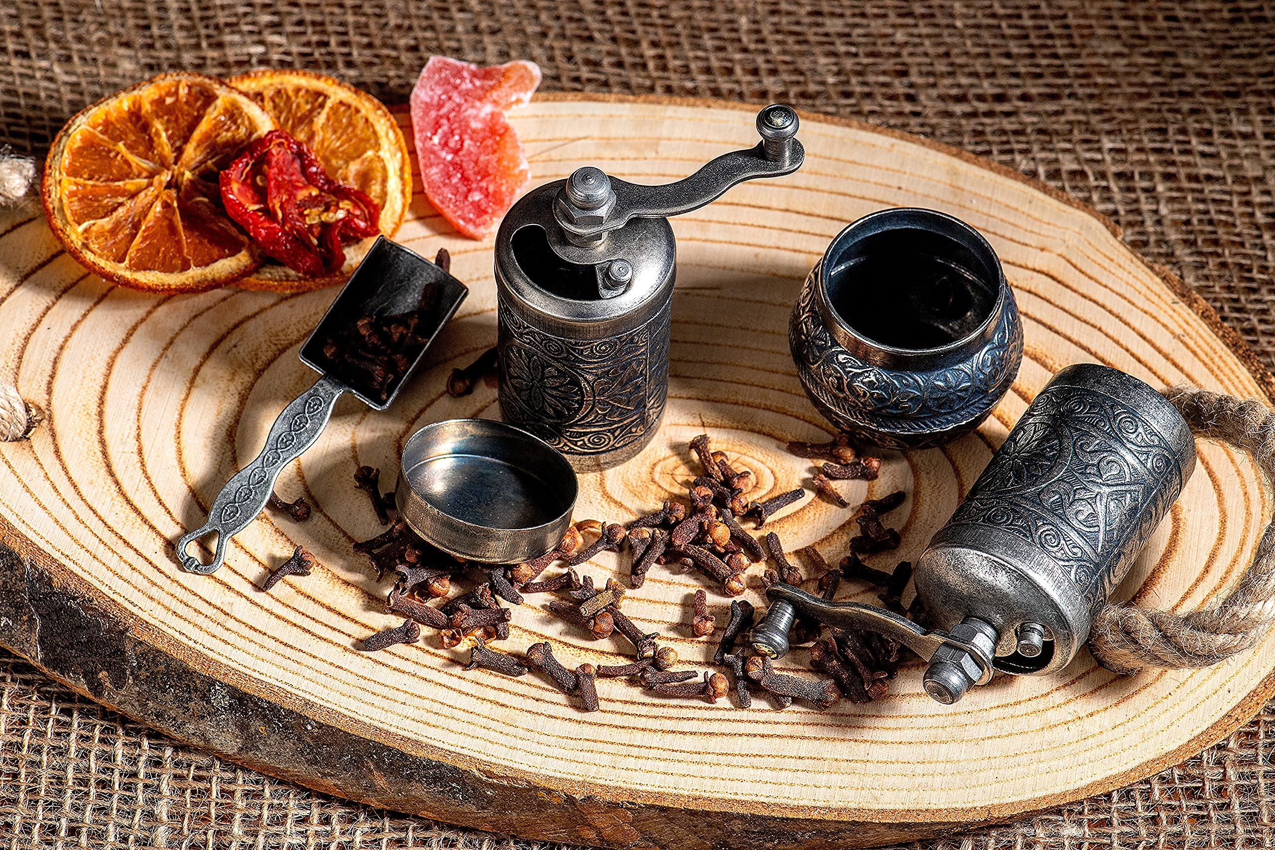Premium 4-Piece Herb & Spice Grinder Set - Manual Crank Handle Pepper Mill for Freshly Ground Peppers, Herbs & Spices - Perfect for Cooking, Baking & Seasoning (Dark Silver)