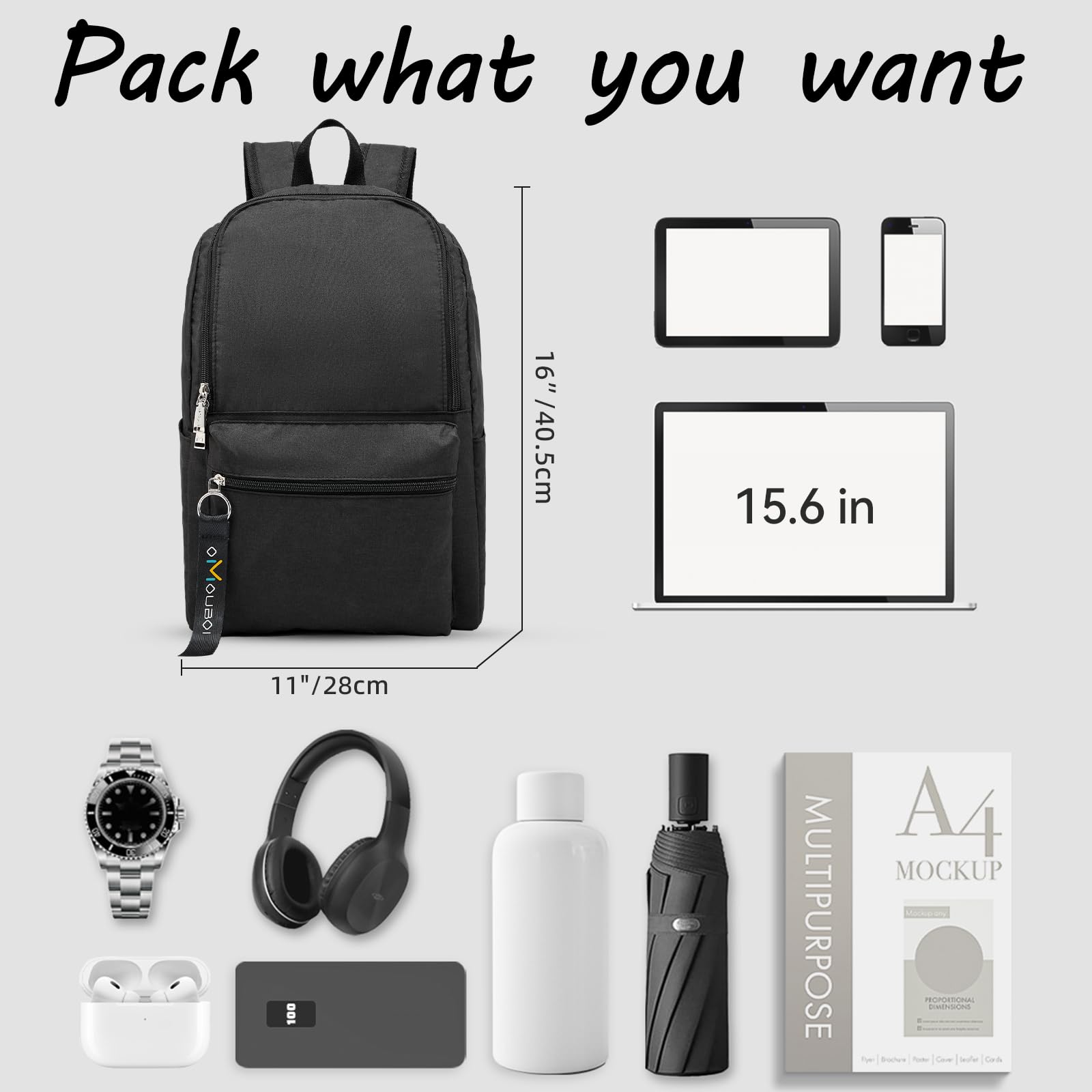 OMOUBOI Women's Black Backpack - 14 Inch Airline Approved Carry On Bookbag, Waterproof Lightweight Daypack for Gym, Work, School & Travel | Durable Casual Backpack for Everyday Use