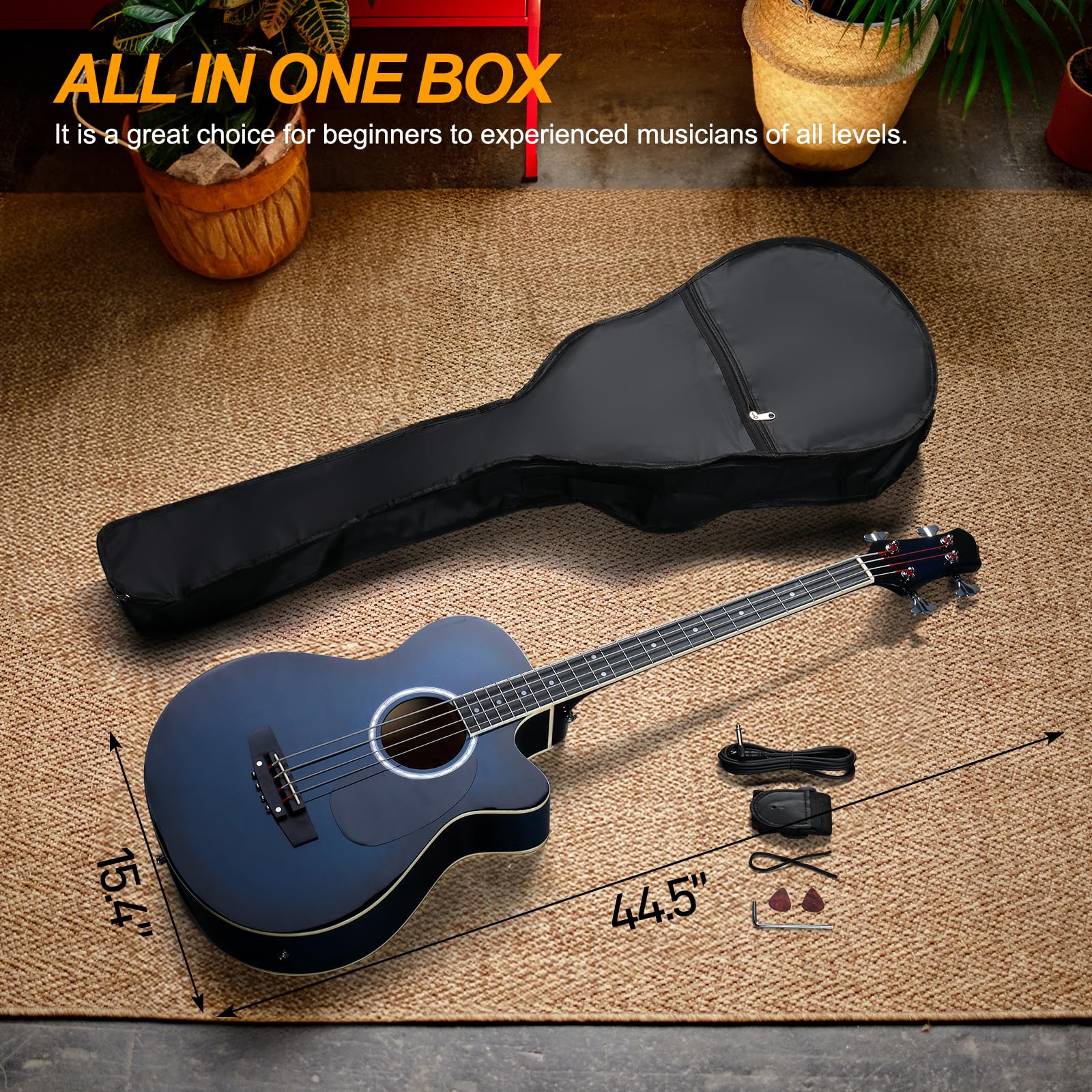 **Ktaxon 4-String Acoustic Bass Guitar Full Size Kit – Includes Portable Gig Bag, Premium Cable, Wrench, Strap & Picks (Blue) – Perfect for Beginners, Live Performances & Studio Recording**