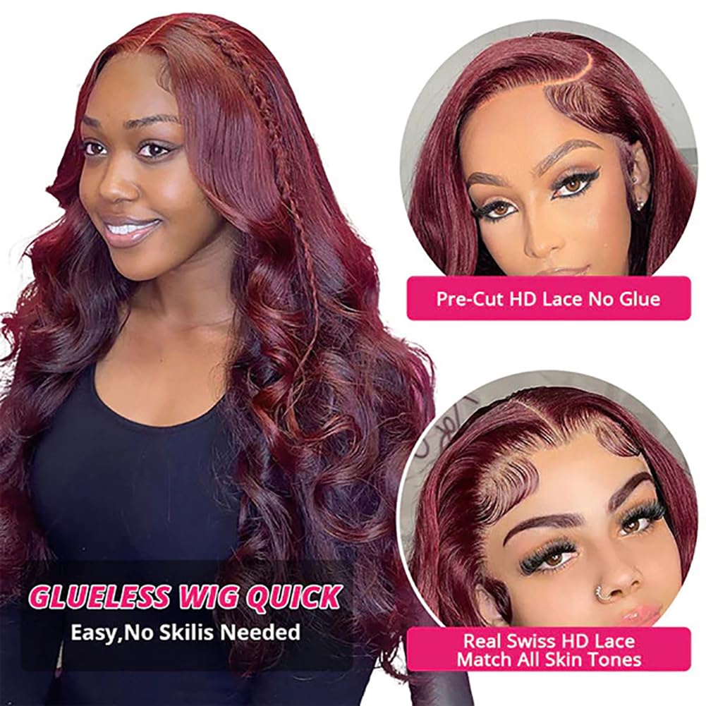 99J Burgundy 30 Inch Human Hair Lace Front Wig - Glueless Pre Plucked Pre Cut 5x5 HD Body Wave Lace Closure Wig for Beginners | Perfect for Daily Wear, Parties & Special Occasions