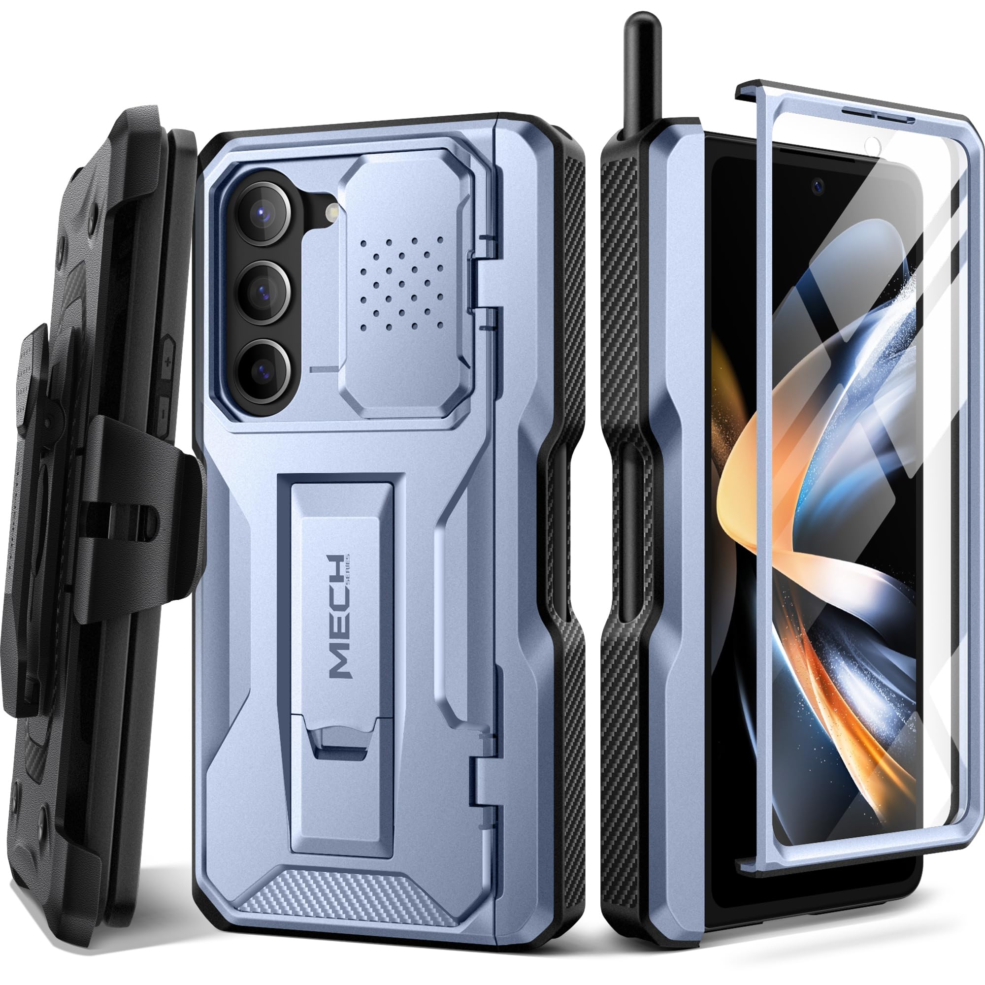 TONGATE Rugged Case for Samsung Galaxy Z Fold 5 with S Pen Holder, Screen Protector & Kickstand | Full-Body Hinge Protection, Belt Clip & Camera Cover | Shockproof Phone Case for Work & Outdoor Activities (ICY Blue)