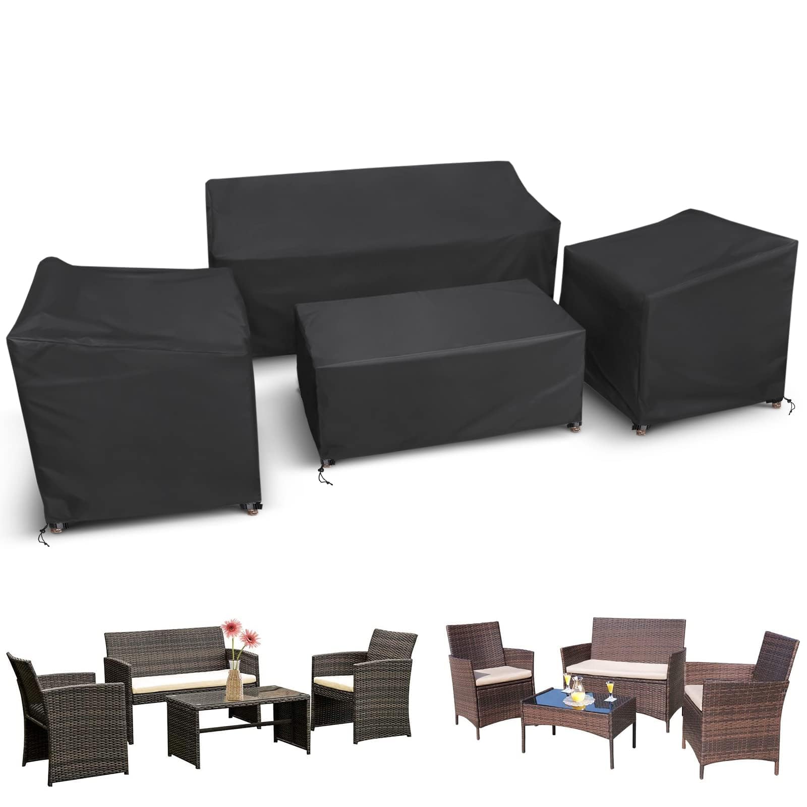 STARTWO 4-Piece Heavy Duty Waterproof Patio Furniture Covers Set - Outdoor Furniture Protector for Rattan Wicker Conversation Set (Black) | Perfect for Backyard, Garden & Poolside Use